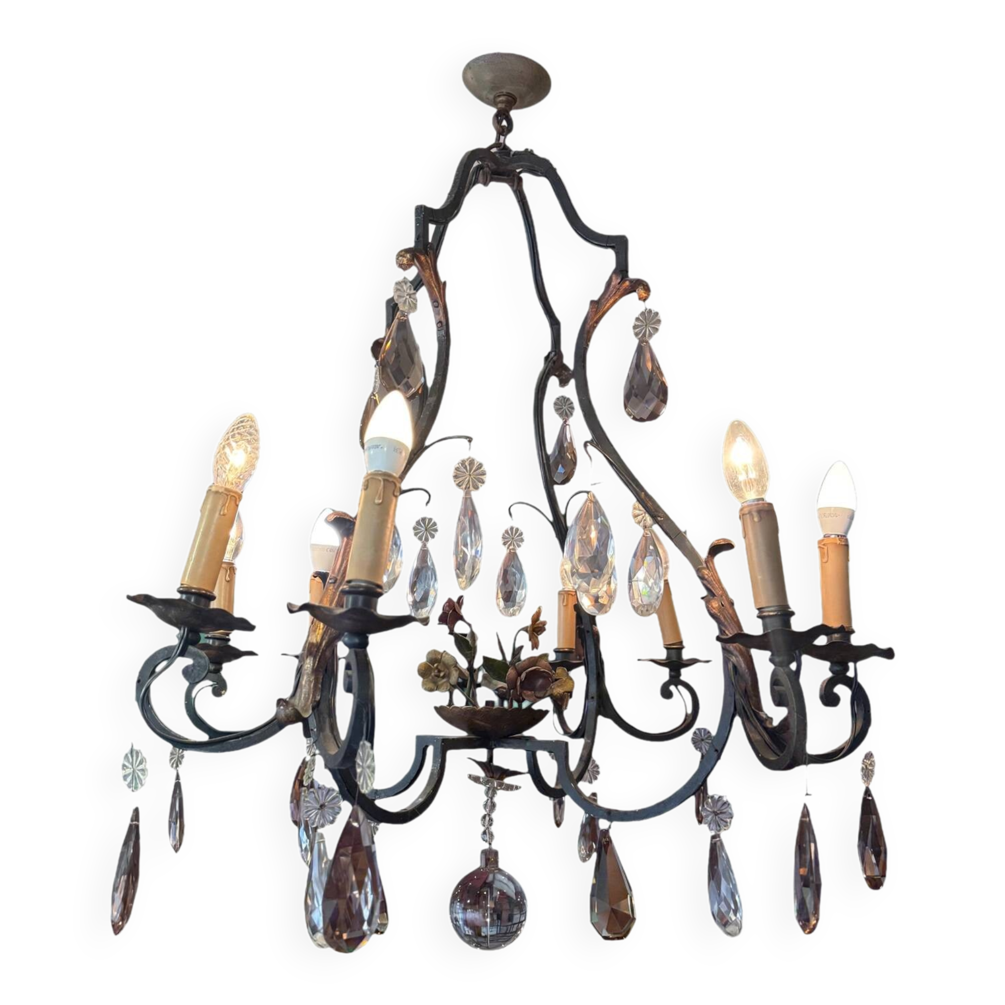 Lustre cage with 8 lights - Louis XV style with flowers 98 X 80
