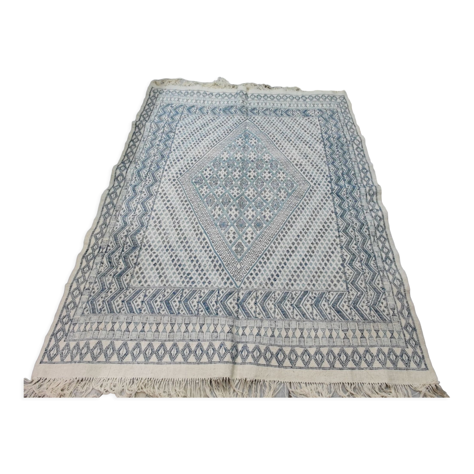 Traditional white and blue margoum carpet woven hands in pure wool