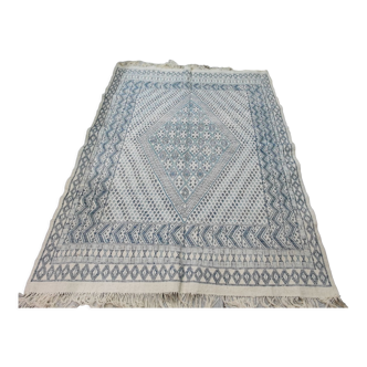 Tapis margoum blanc et bleu traditionnel tissé mains en pure laine 210x270cm