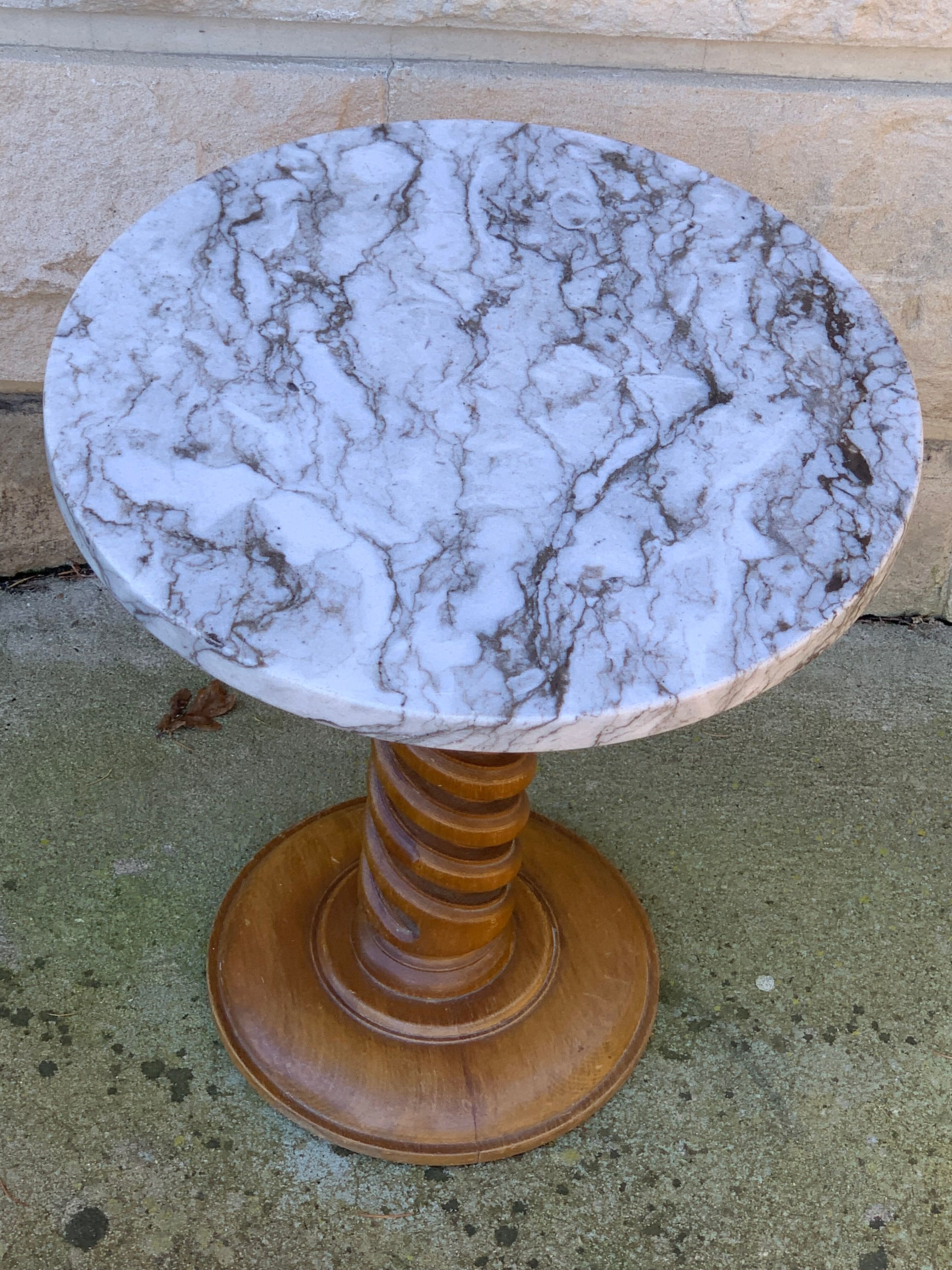 Vintage pedestal table turned wood and marble 1950