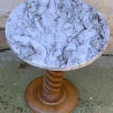 Vintage pedestal table turned wood and marble 1950