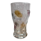 Grand vase vintage en verre moulé pressé – décor floral coloré – France