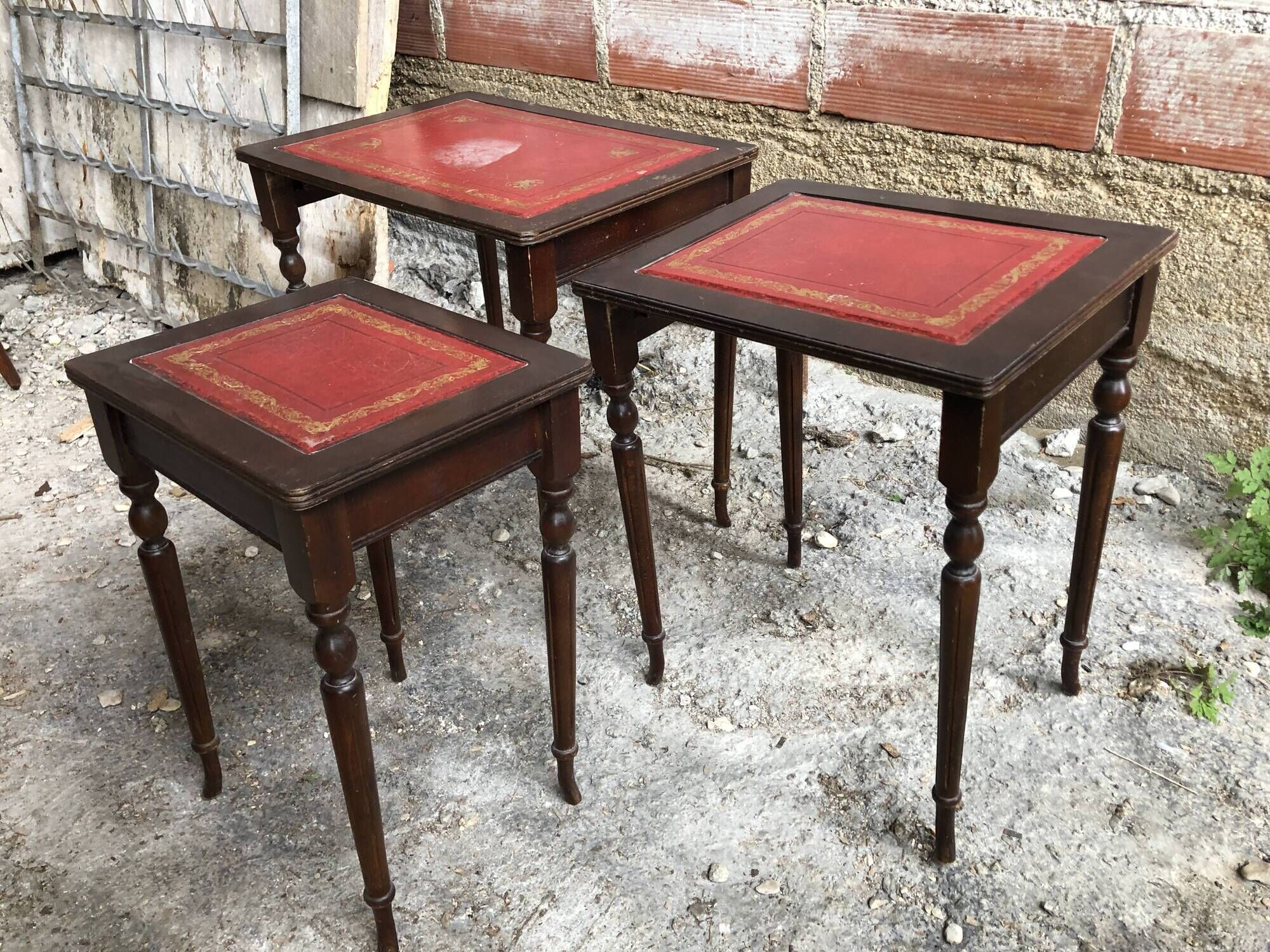 Series 3 Tables Trundles Wood Bent Feet + Top Embossed Leather Vintage Red