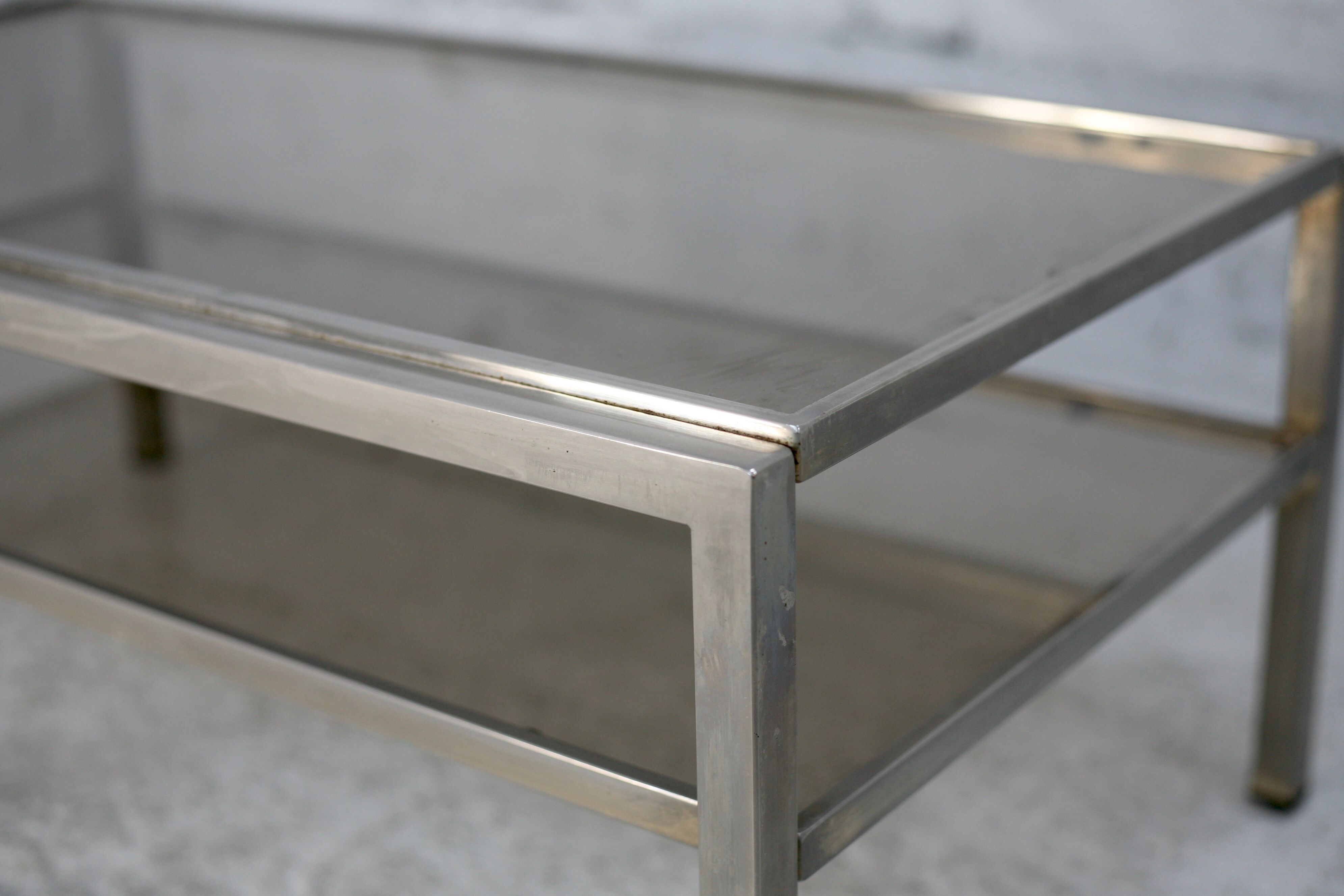 Double coffee table trays smoked glass steel. France, circa 1970