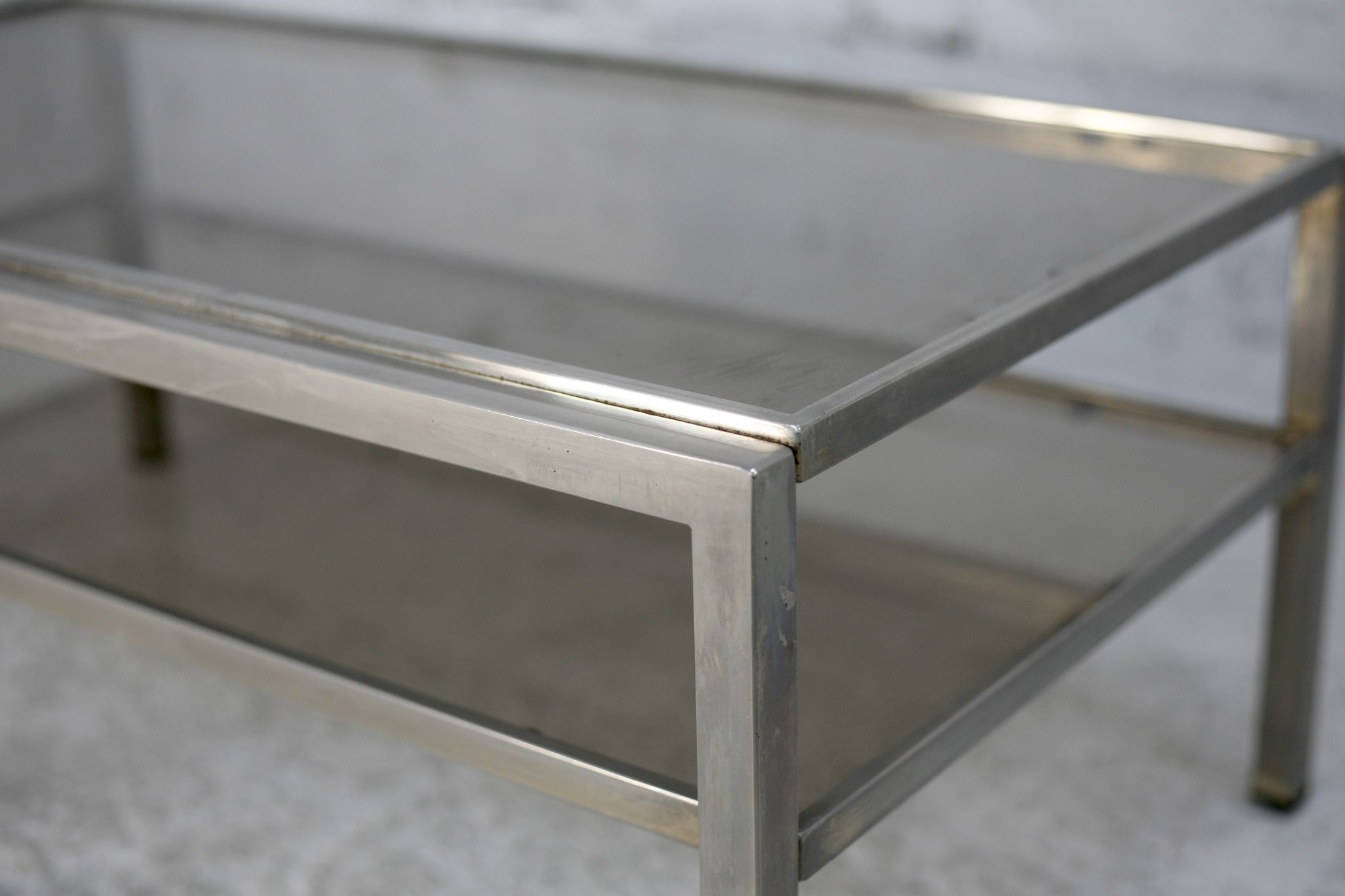 Double coffee table trays smoked glass steel. France, circa 1970