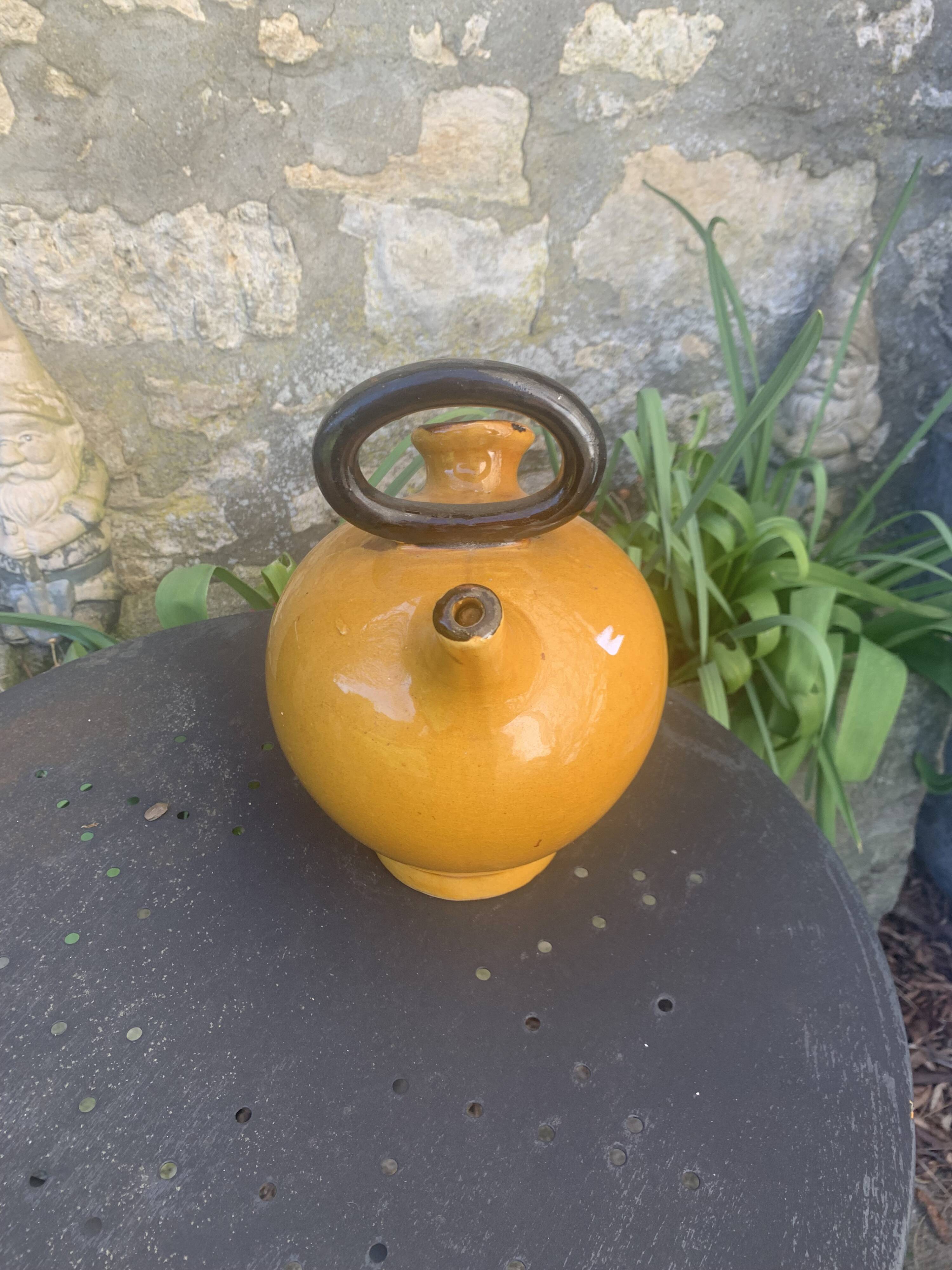 Gargoulette, Provençal jug in enamelled ceramic, vintage ochre color