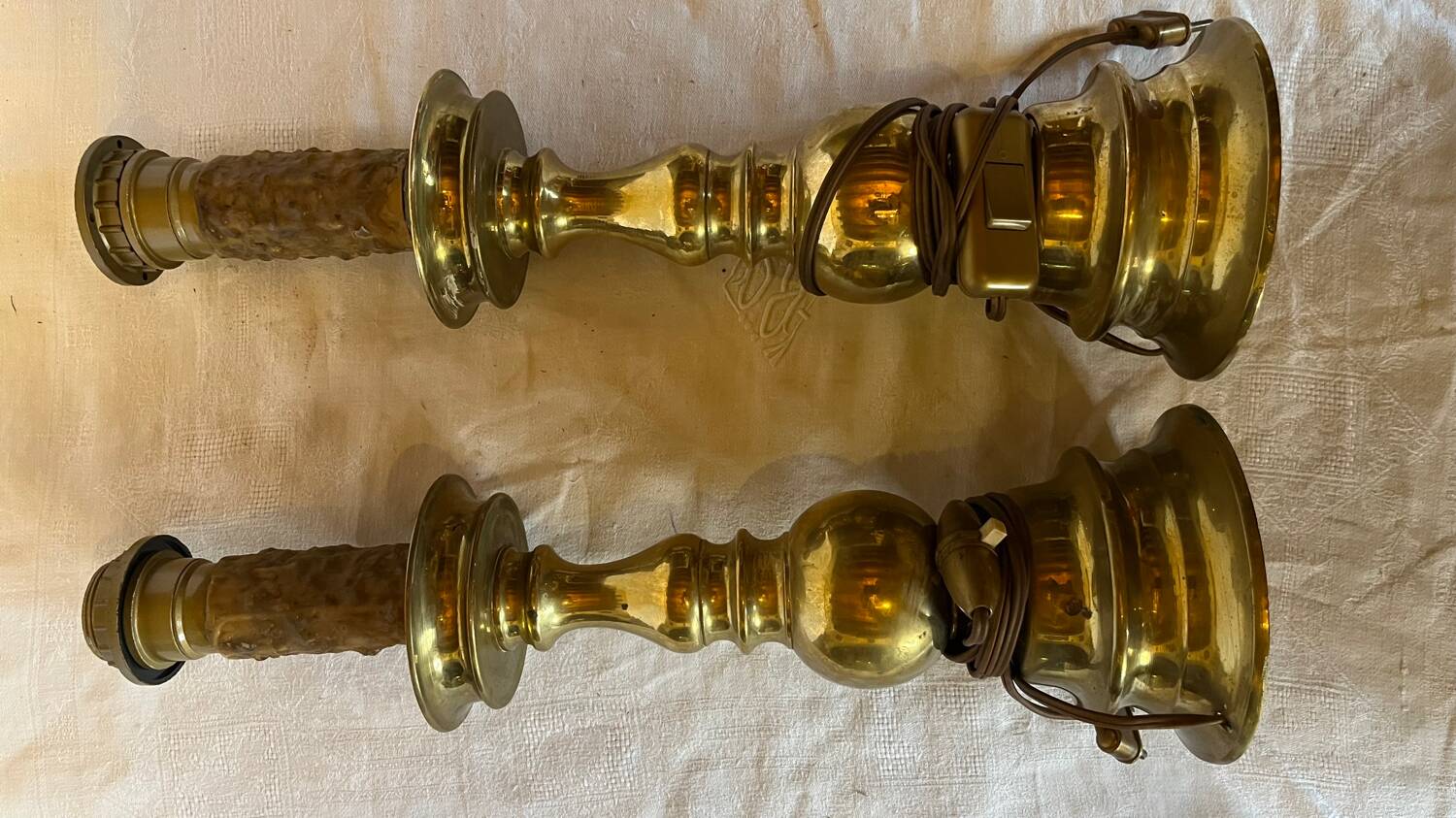 Old gilded bronze candle holder lamp bases