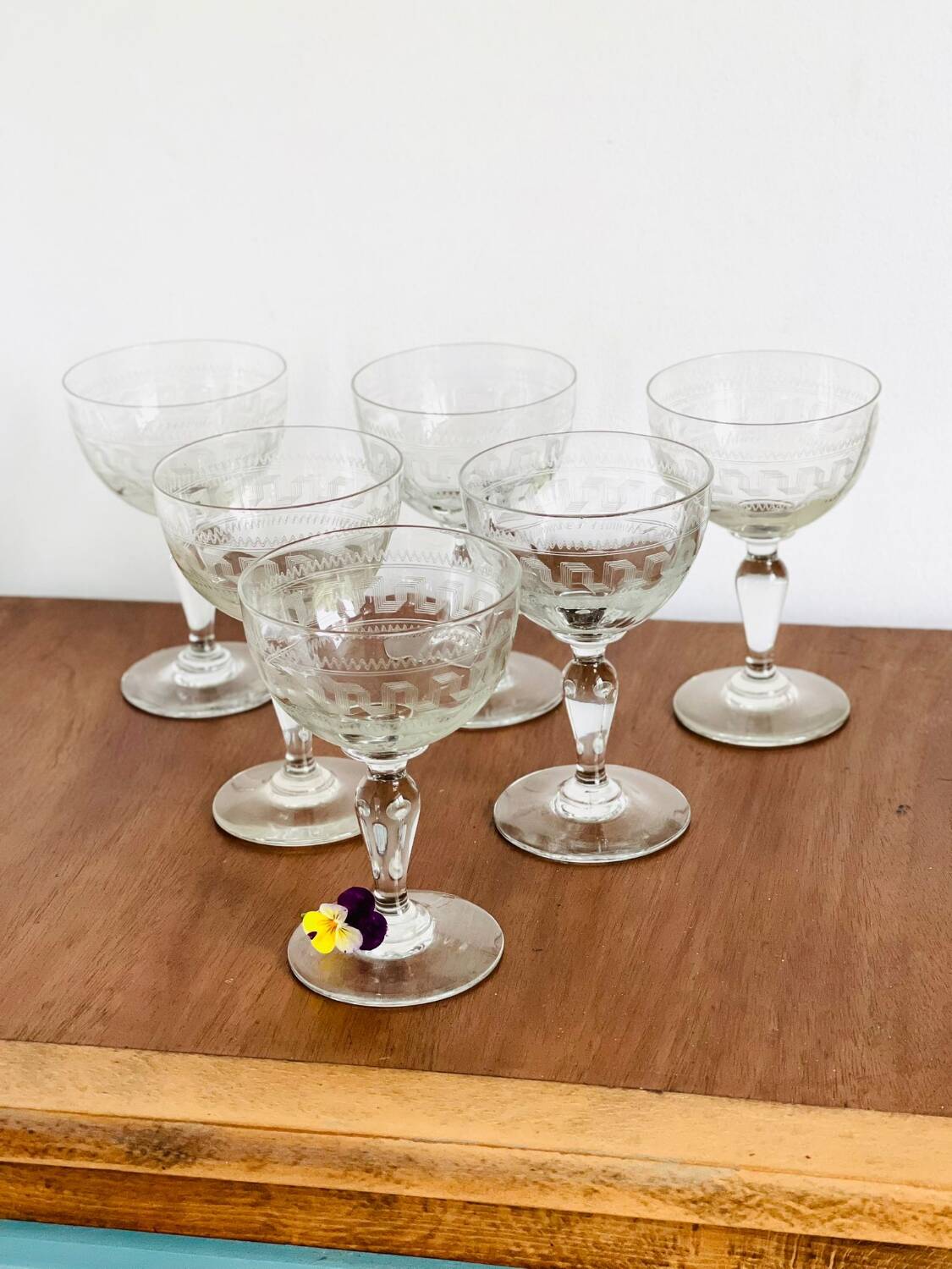 6 19th century guilloche stemmed glasses