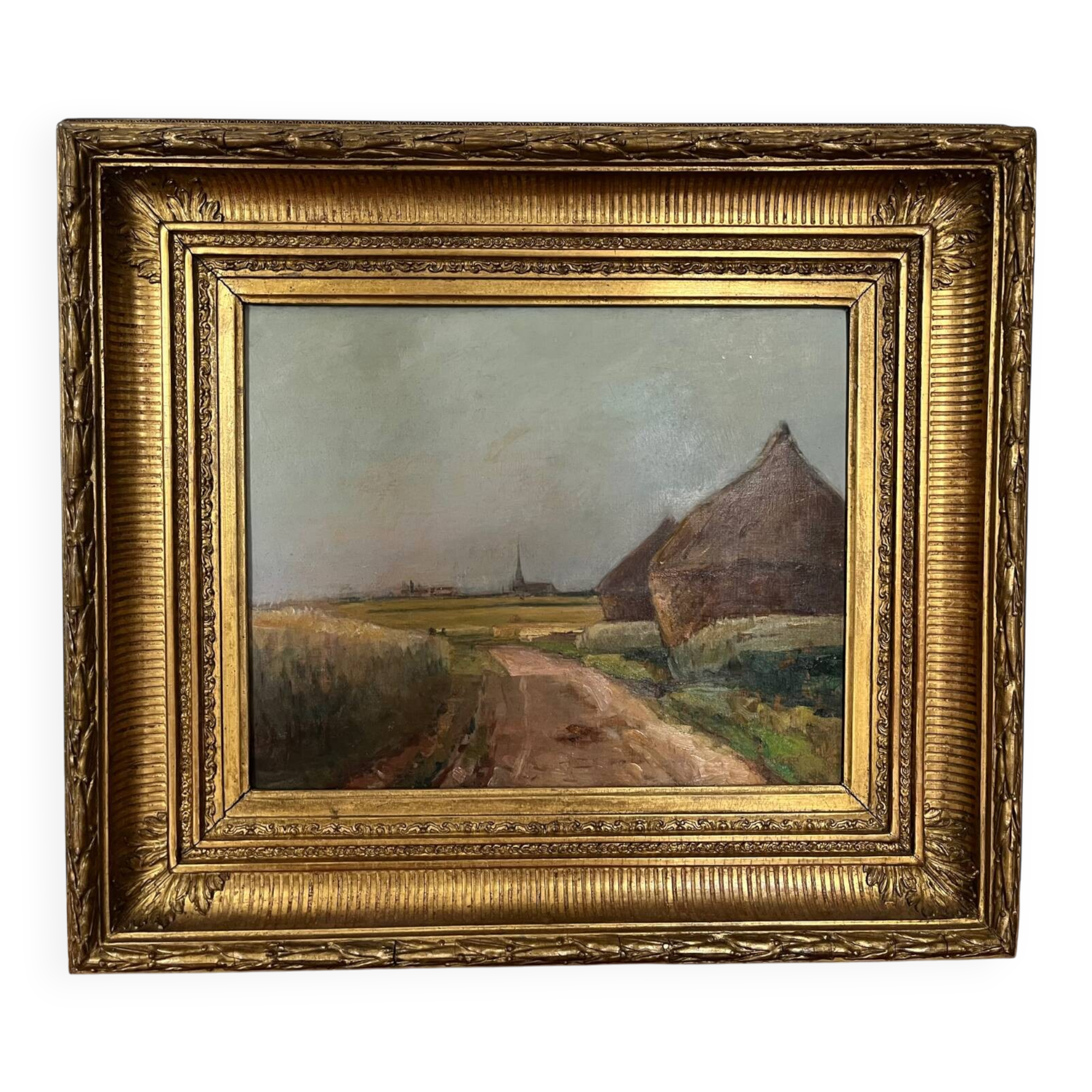 Painting: Oil on panel - landscape with haystacks