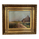 Painting: Oil on panel - landscape with haystacks