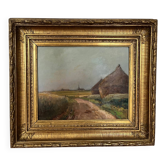 Painting: Oil on panel - landscape with haystacks