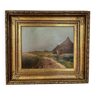 Painting: Oil on panel - landscape with haystacks