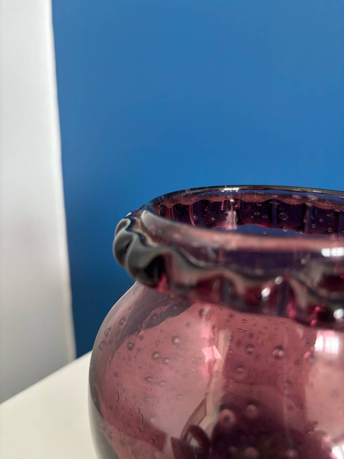 small purple ball vase in vintage bubbled glass signed biot