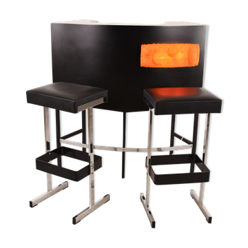 Bar lumineux vintage avec tabourets, années 1970
