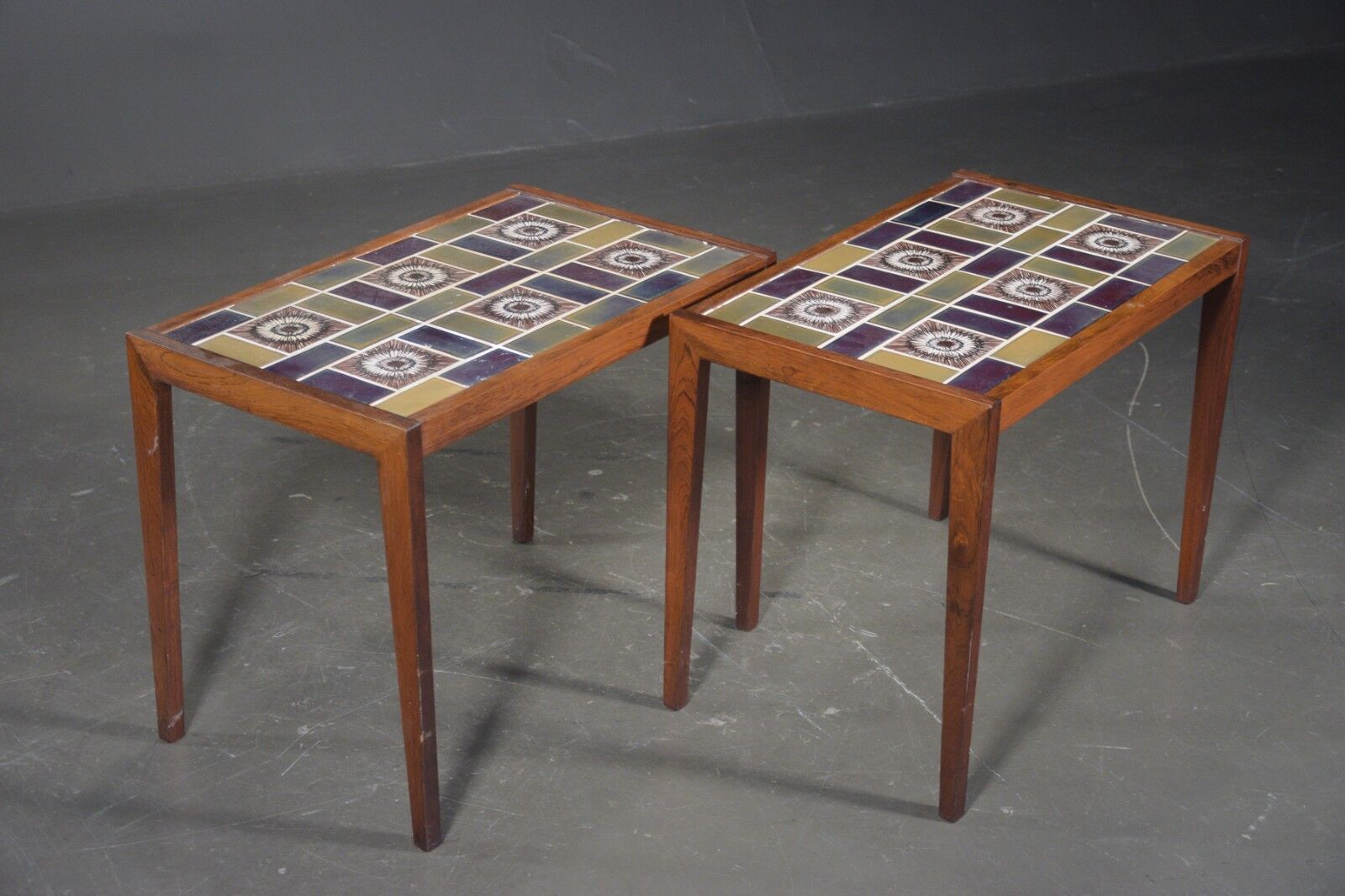 Pair of rosewood lamp tables, inlaid with coloured tiles