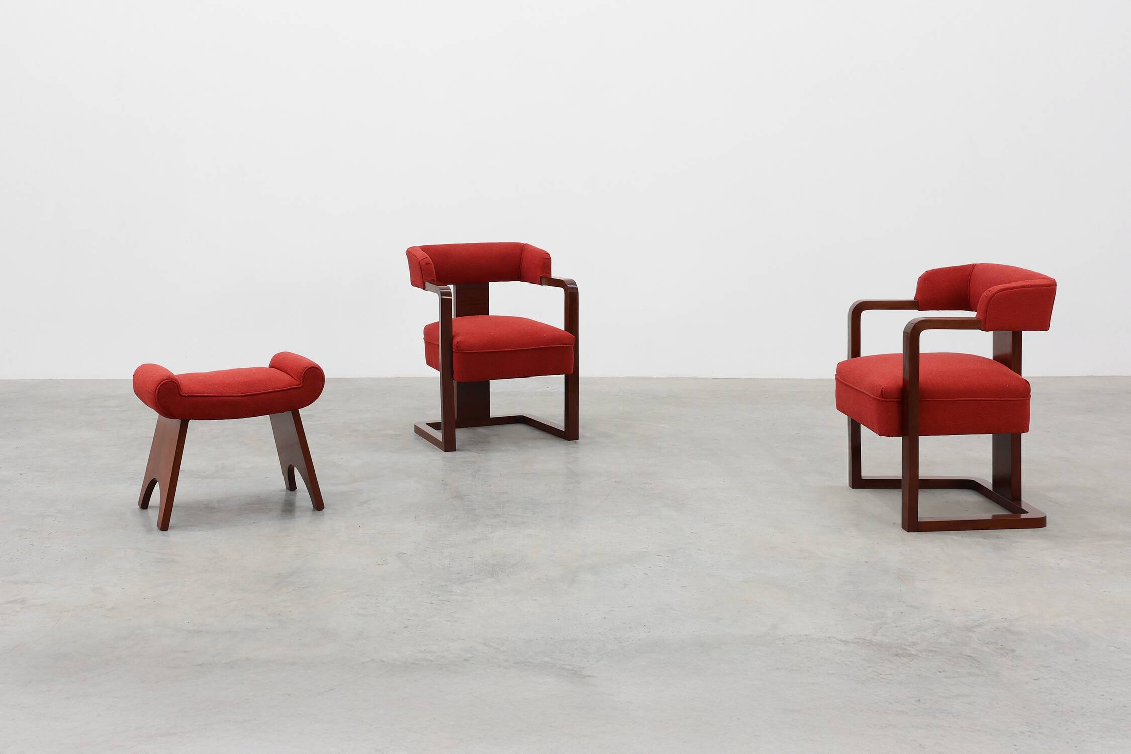 Ensemble of Two Art Deco Chairs with Matching Stool, Belgium ca. 1920