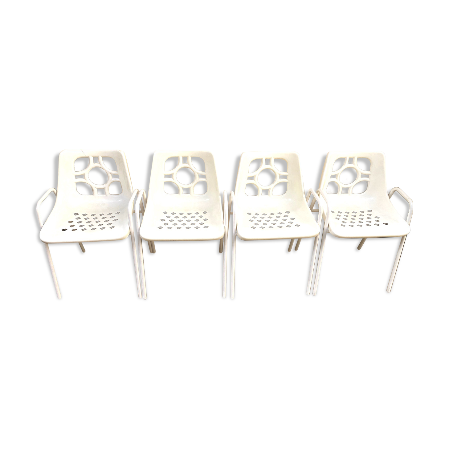 Lot de 4 fauteuils empilables années 60-70 en métal et plastique jardin