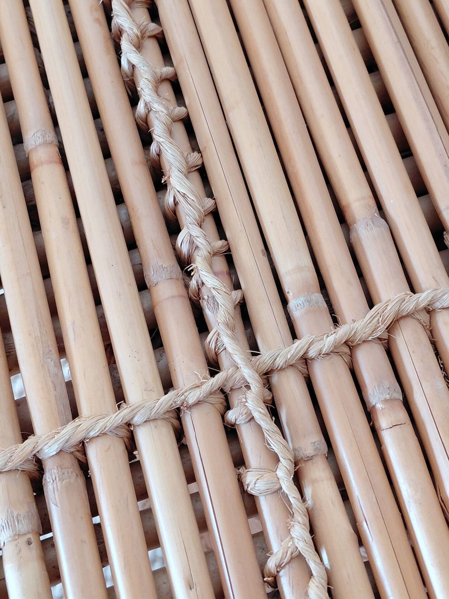 Vintage coffee table with woven rope in bamboo style Audoux Minet/1970s