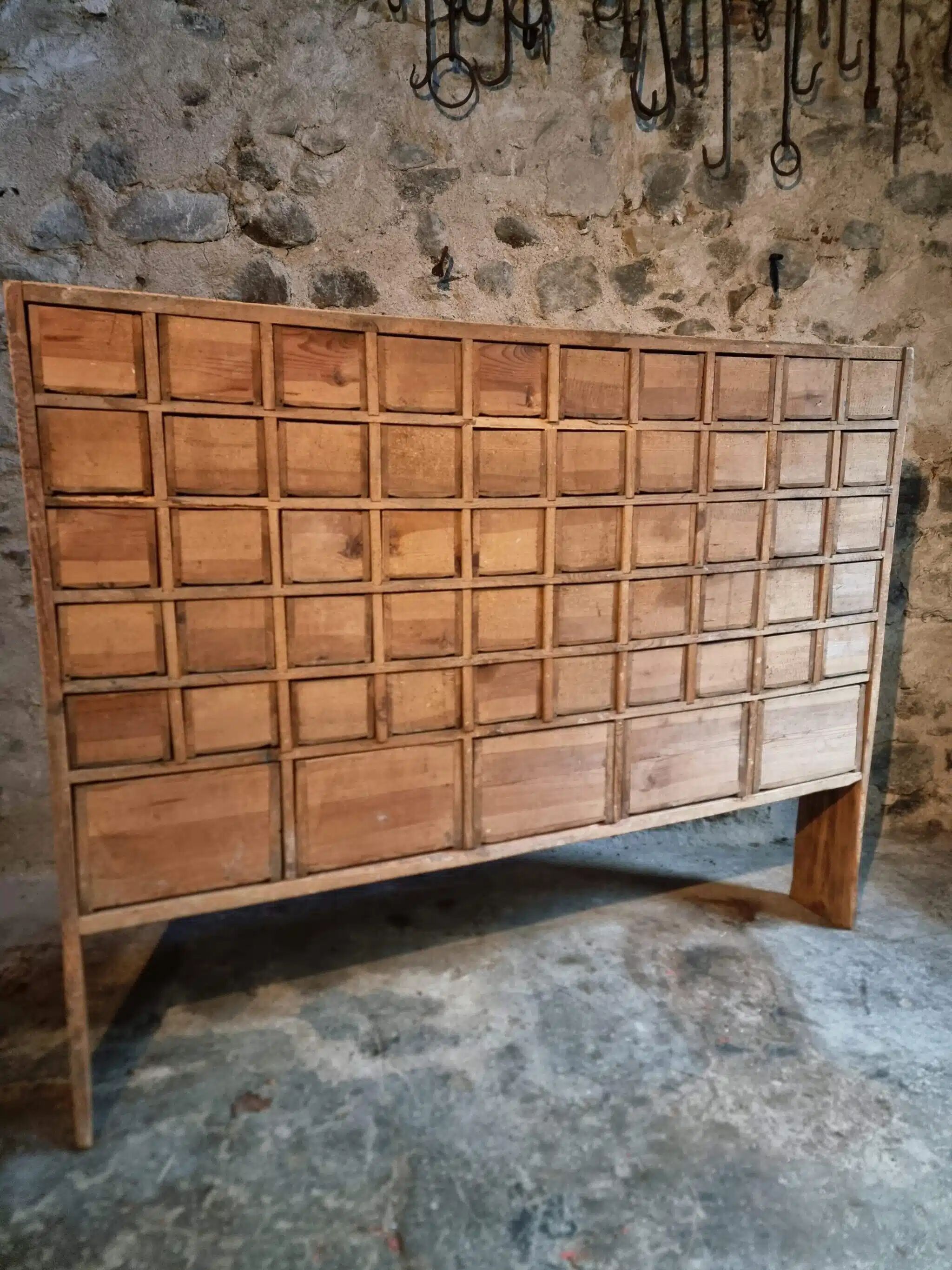 Antique pine drawer cabinet with 50 drawers, apothecary or hardware, 19th century