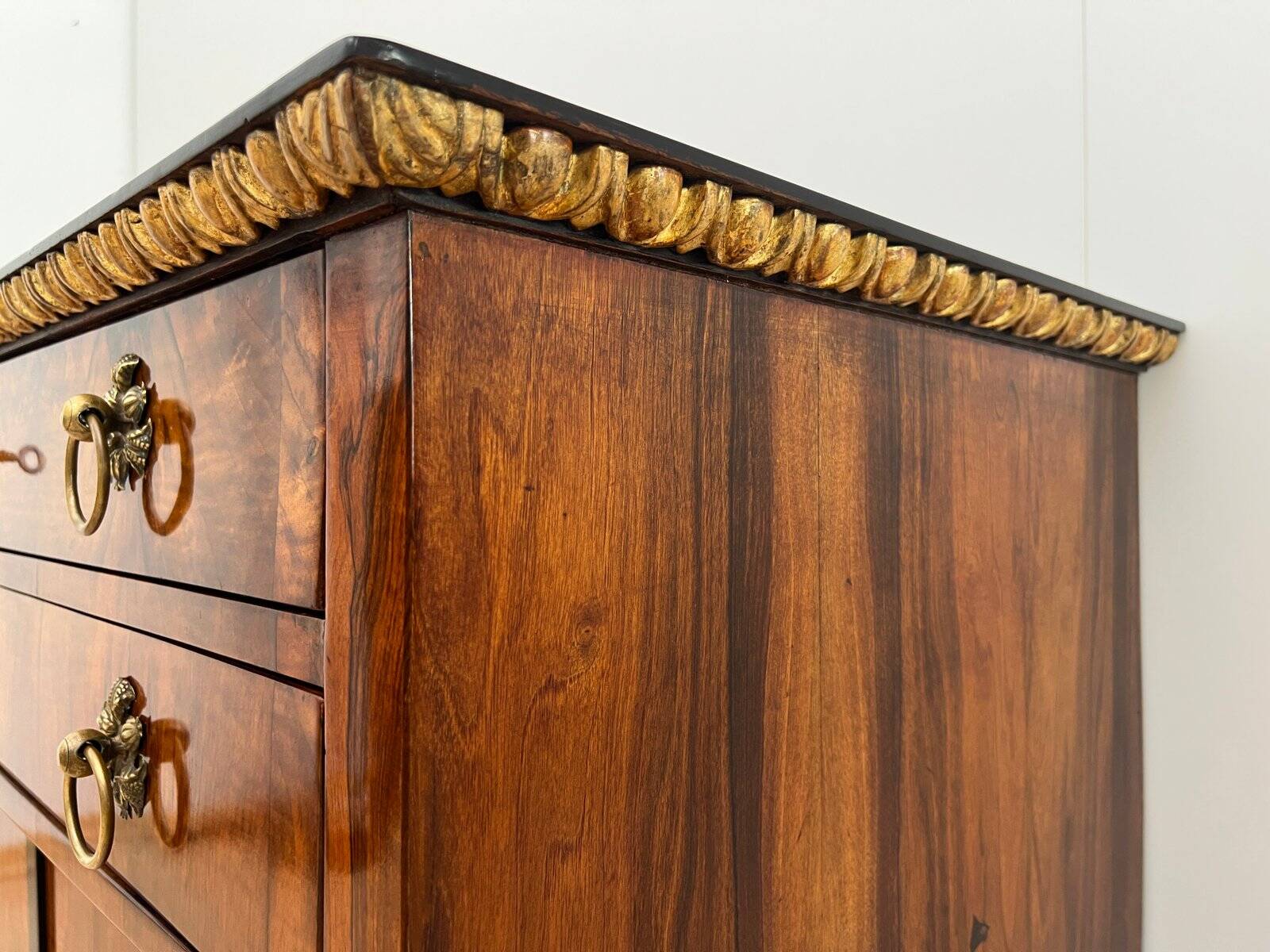 Biedermeier Chest in Walnut Veneer, Cherry, Gold Leaf & Brass, Austria, 1815