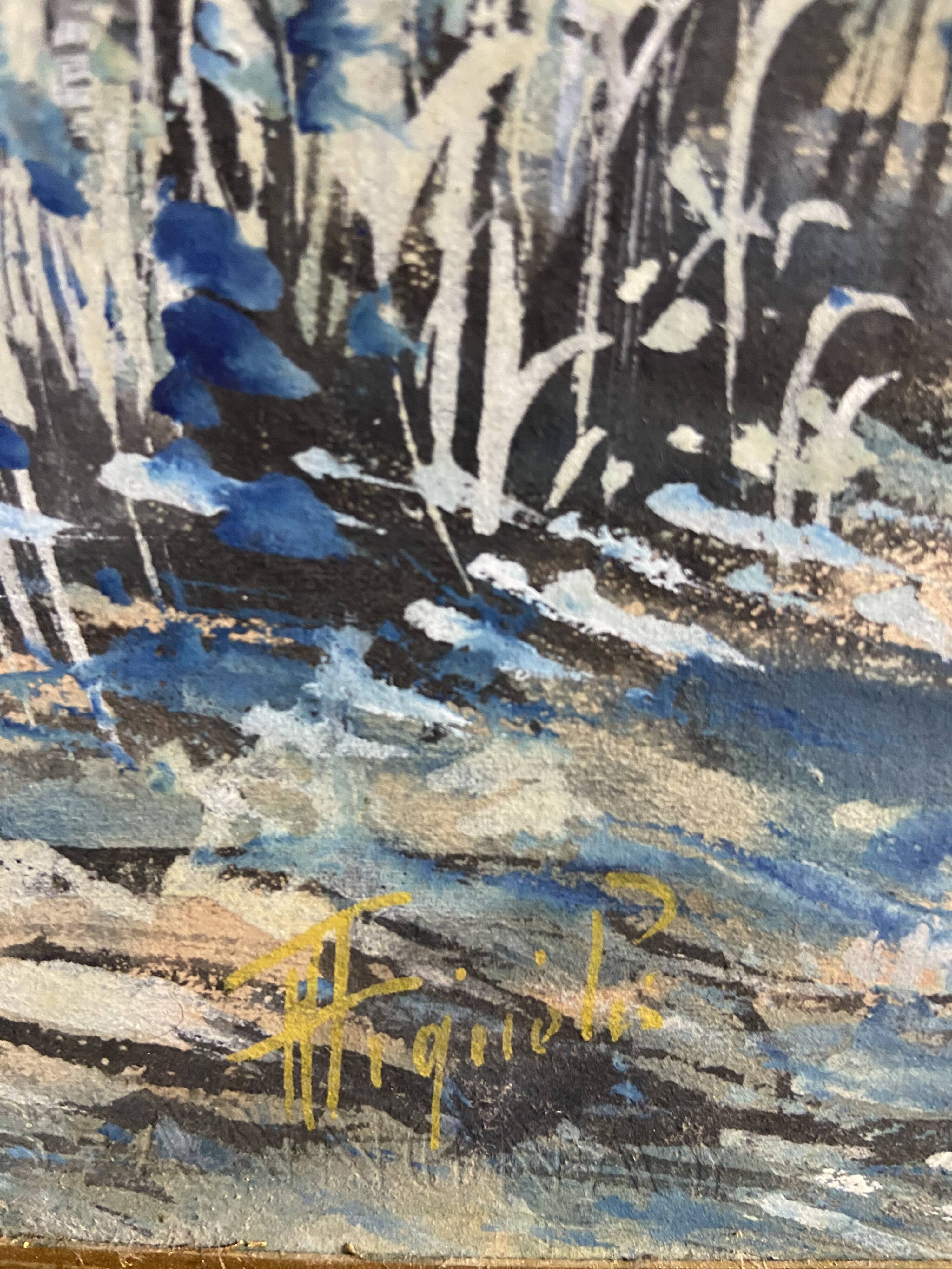 Large watercolor from the early 20th century, signed landscape of a wooded river bank