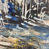 Large watercolor from the early 20th century, signed landscape of a wooded river bank