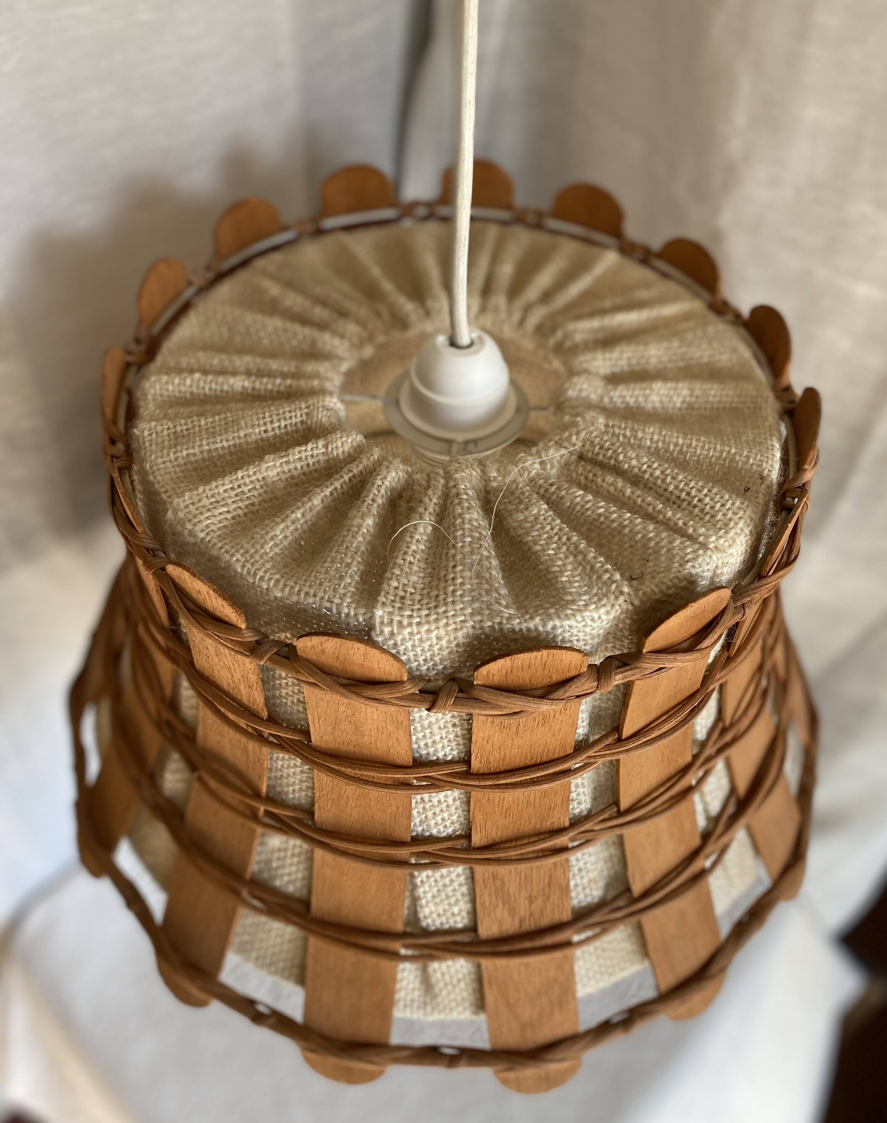Shabby chic vintage 1960s canvas and wood pendant light
