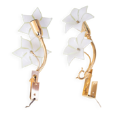 Charmant ensemble de 2 appliques murales en verre de Murano à fleurs blanches, années 1970