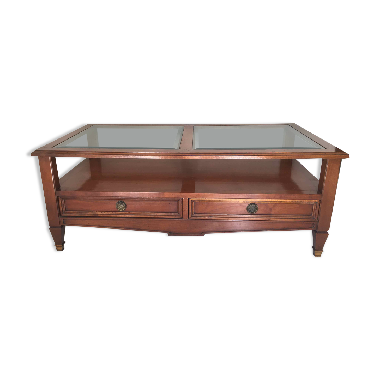 Coffee table with cherry drawers and beveled glass
