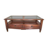 Table basse à tiroirs merisier et verre biseauté