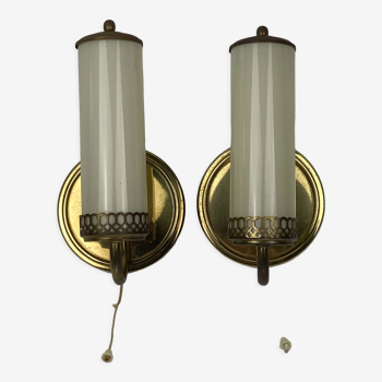 Pair art deco brass tubular wall sconces or bedside lamps