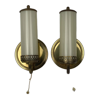 Pair art deco brass tubular wall sconces or bedside lamps