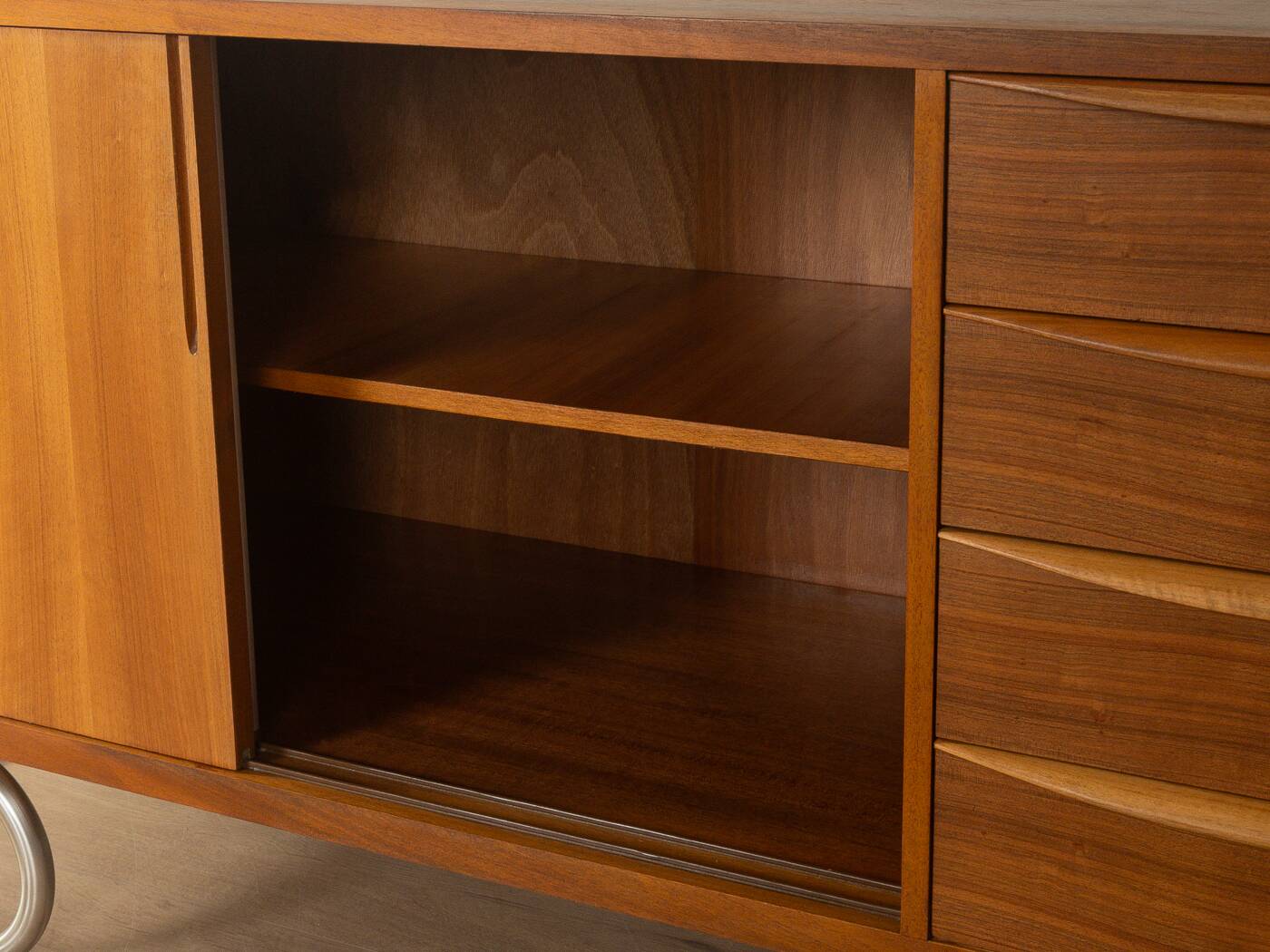1950s sideboard in Scandinavian style, walnut veneer, Bauhaus stainless steel feet