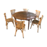 Table de ferme ronde 1850 et 6 chaises bistrot