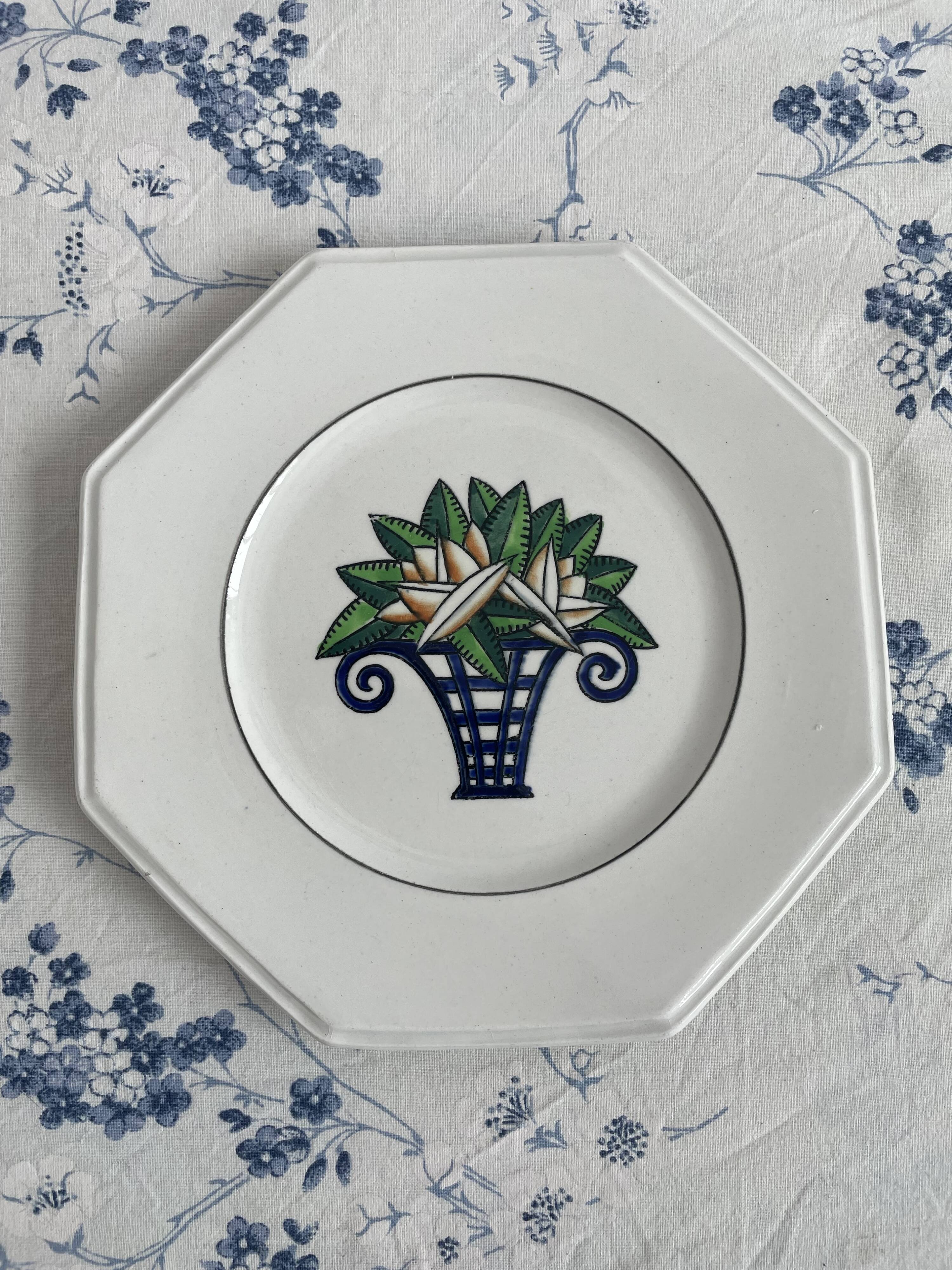 Longwy Service of 6 Octagonal Plates, 1927–1928, Art Deco, stamped