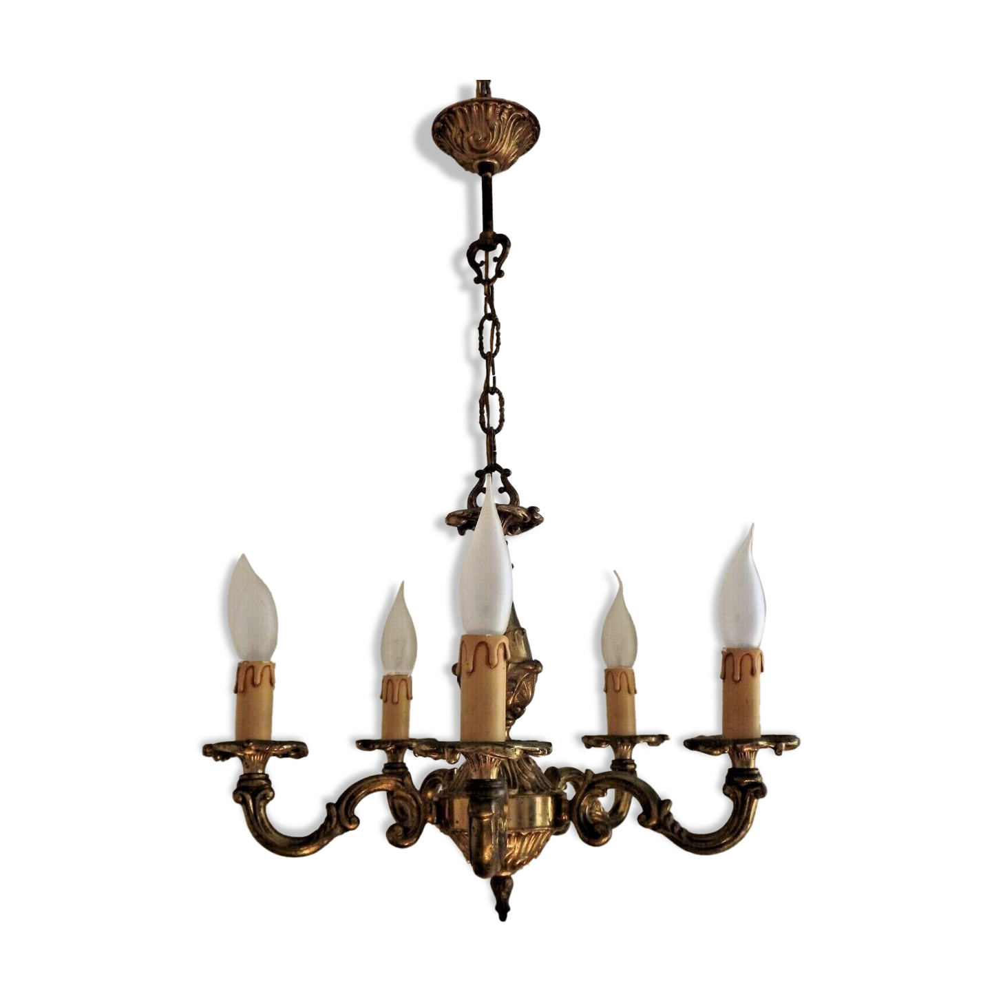 Beautiful Vintage French 4  Light Bronze Chandelier Acanthus Leaf Detail 3672