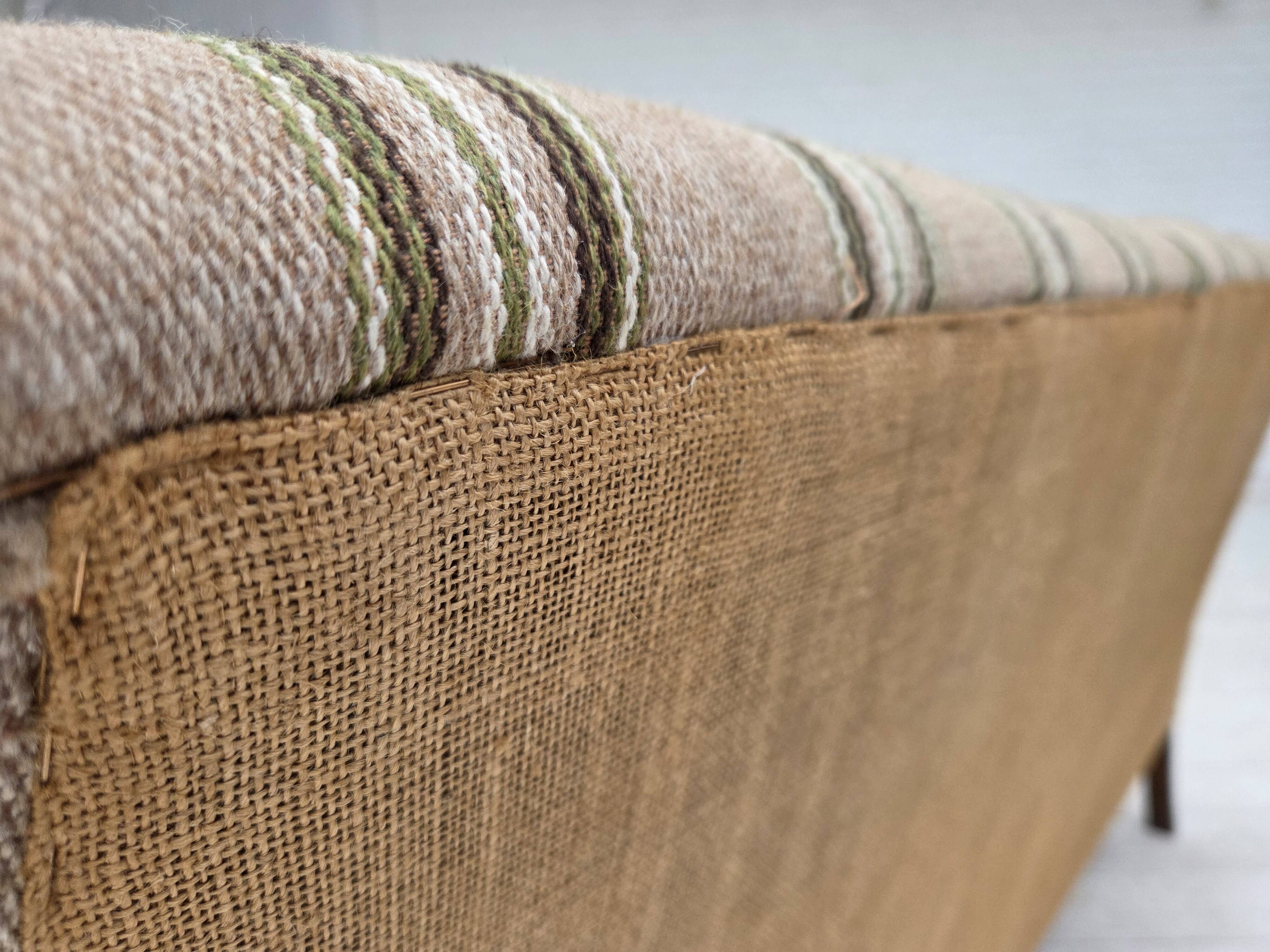 1950s, Danish 2-seater sofa, beige furniture wool fabric, beech wood legs.