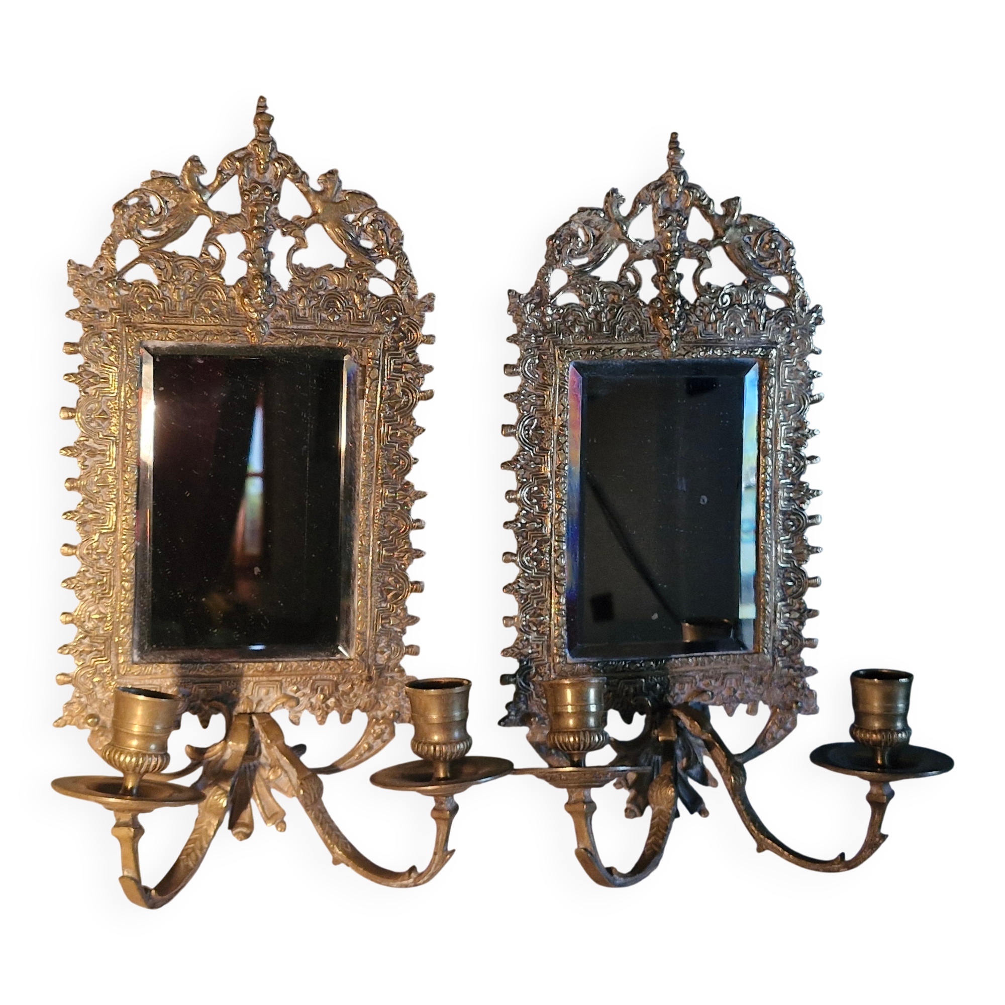 Pair of mirror sconces/candle holders in 19th-century bronze.