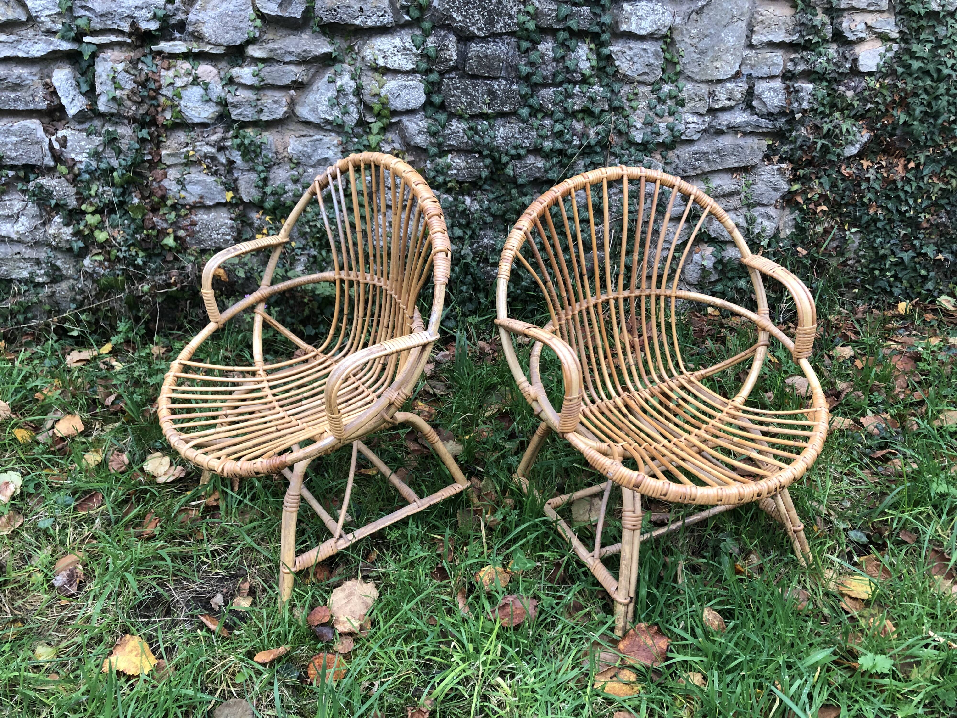 Bamboo rattan armchairs 60s