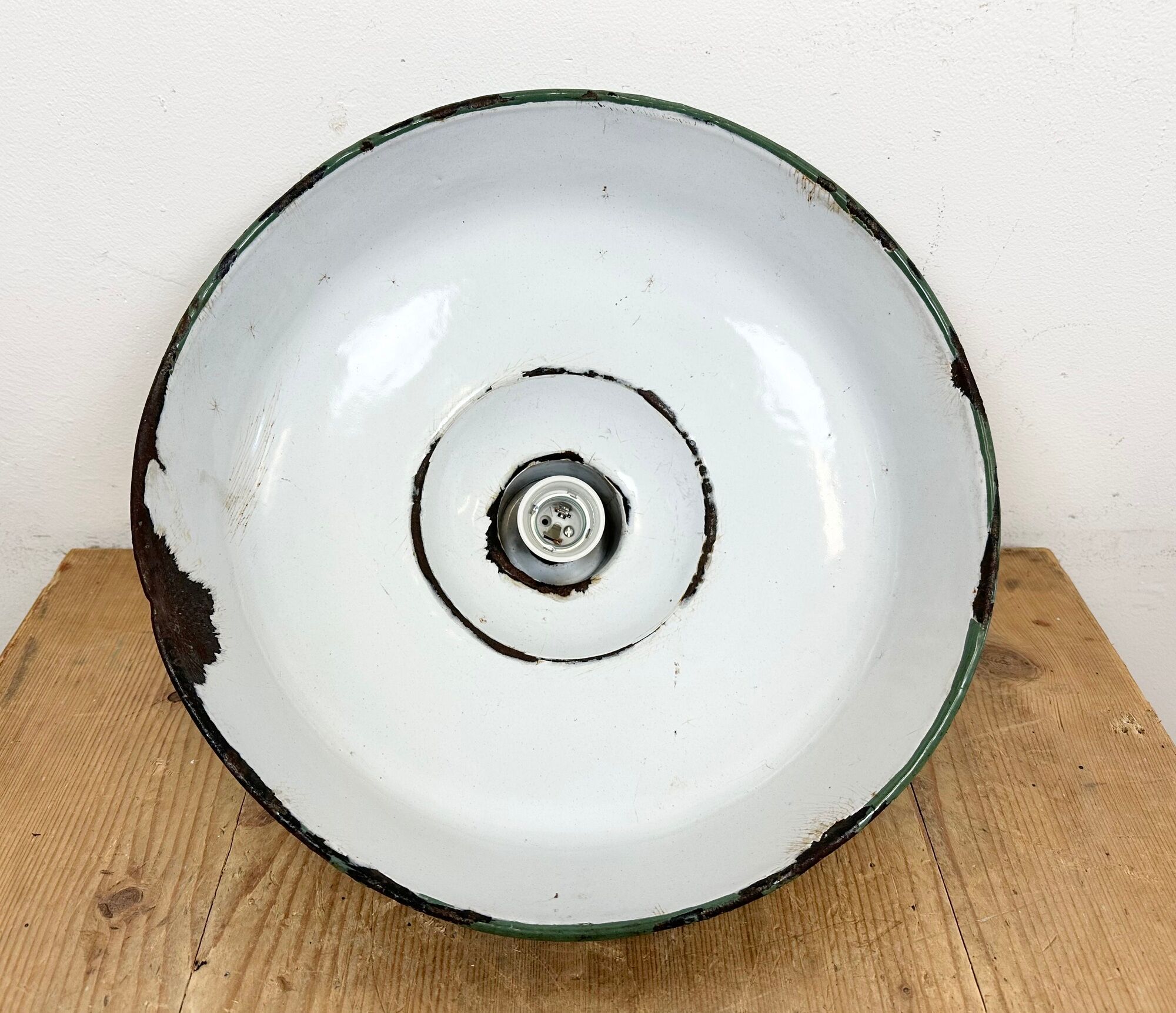Industrial french green enamel factory lamp, 1960s