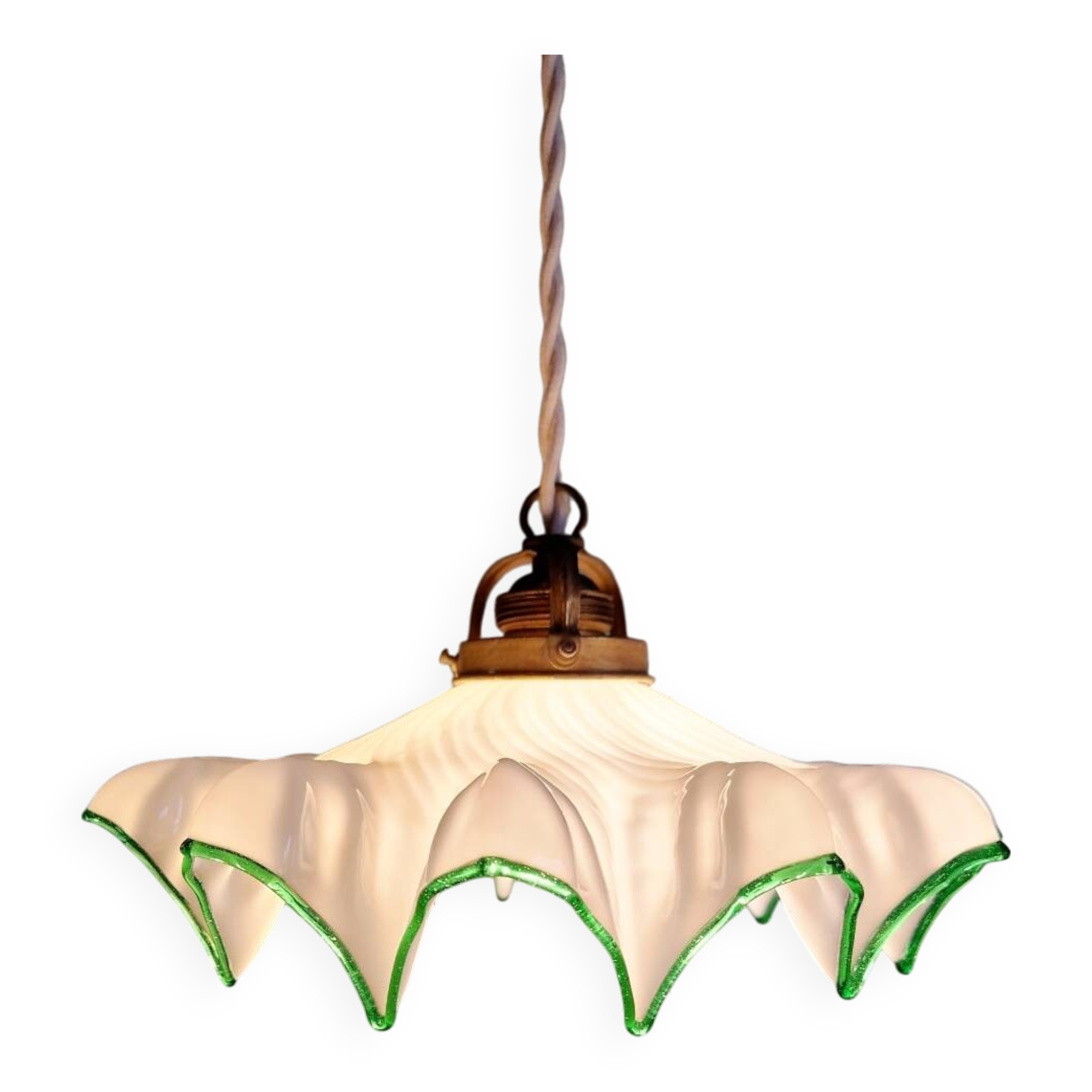 Art Deco pendant light in scalloped white opaline, 1920-30