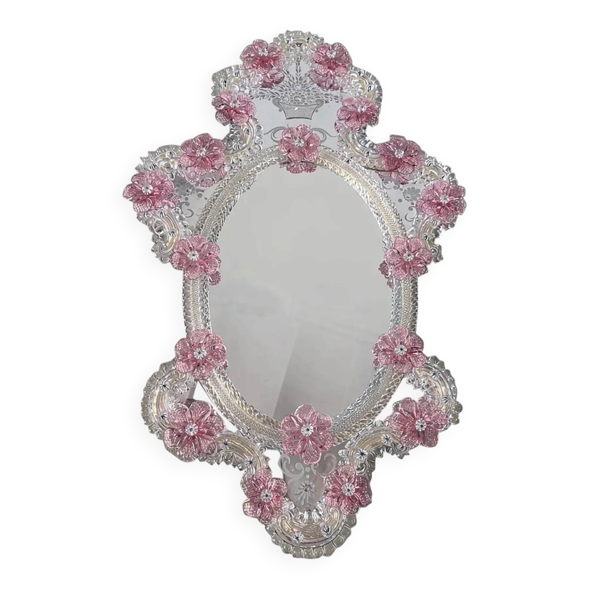 Classic Italian Venetian Oval Pink Floral Mirror in Hand-Carved Murano Glas