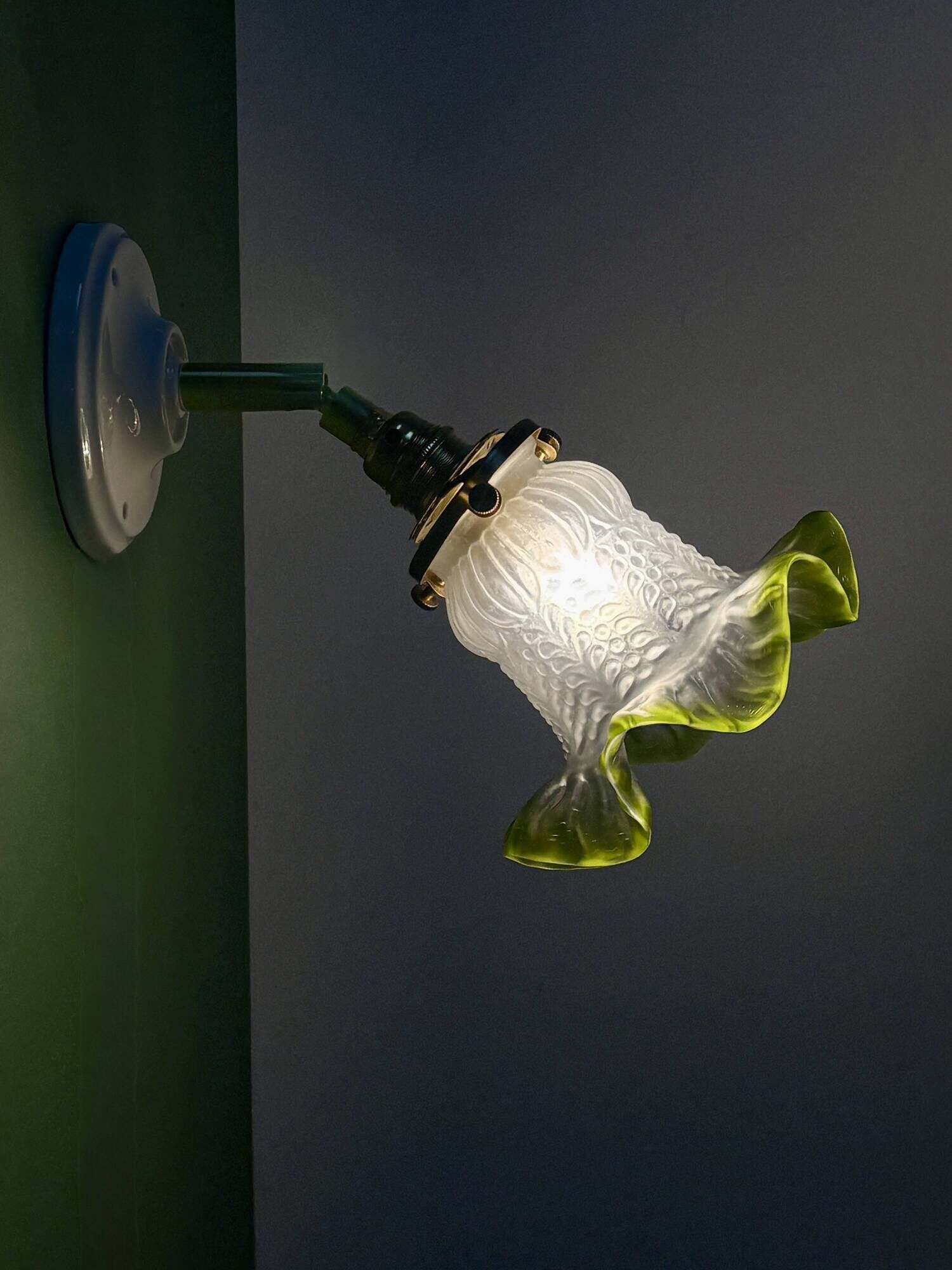 Vintage green frosted glass tulip wall light