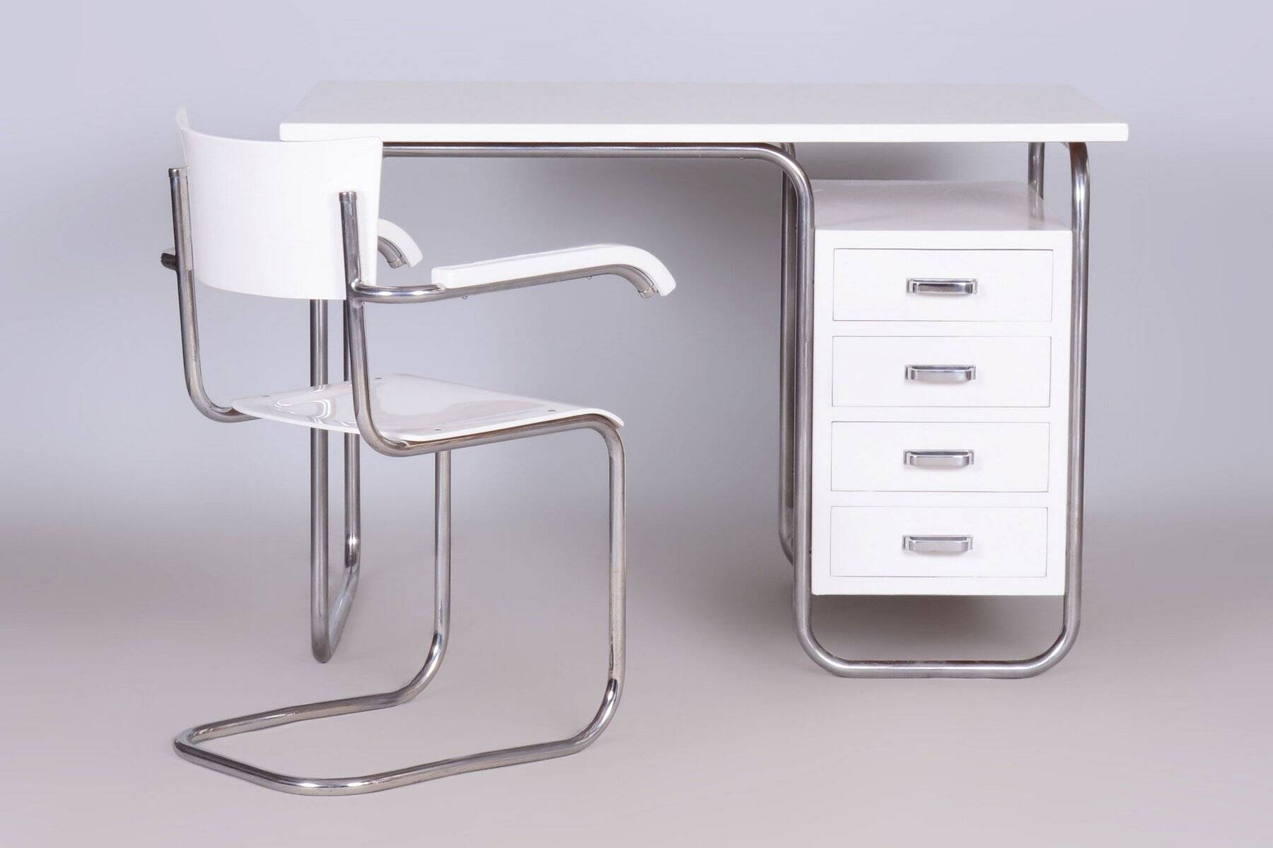 Czech Bauhaus Writing Desk with Chair in Chrome and Lacquered Wood, 1930s, Set of 2