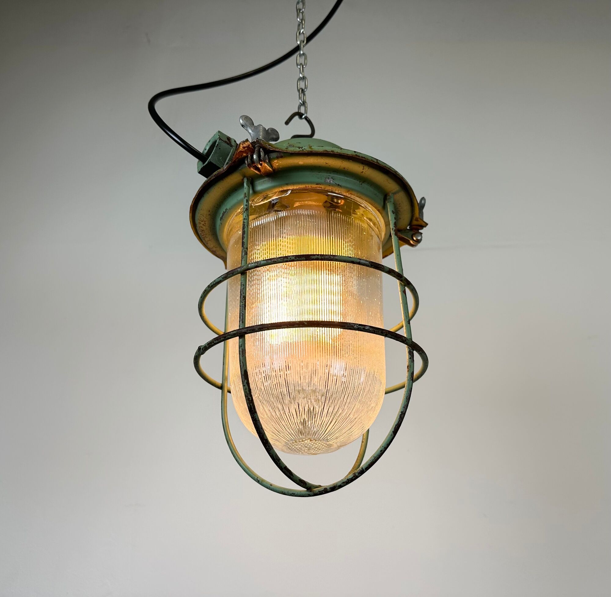 Green Industrial Soviet Bunker Pendant Light with Iron Grid, 1960s