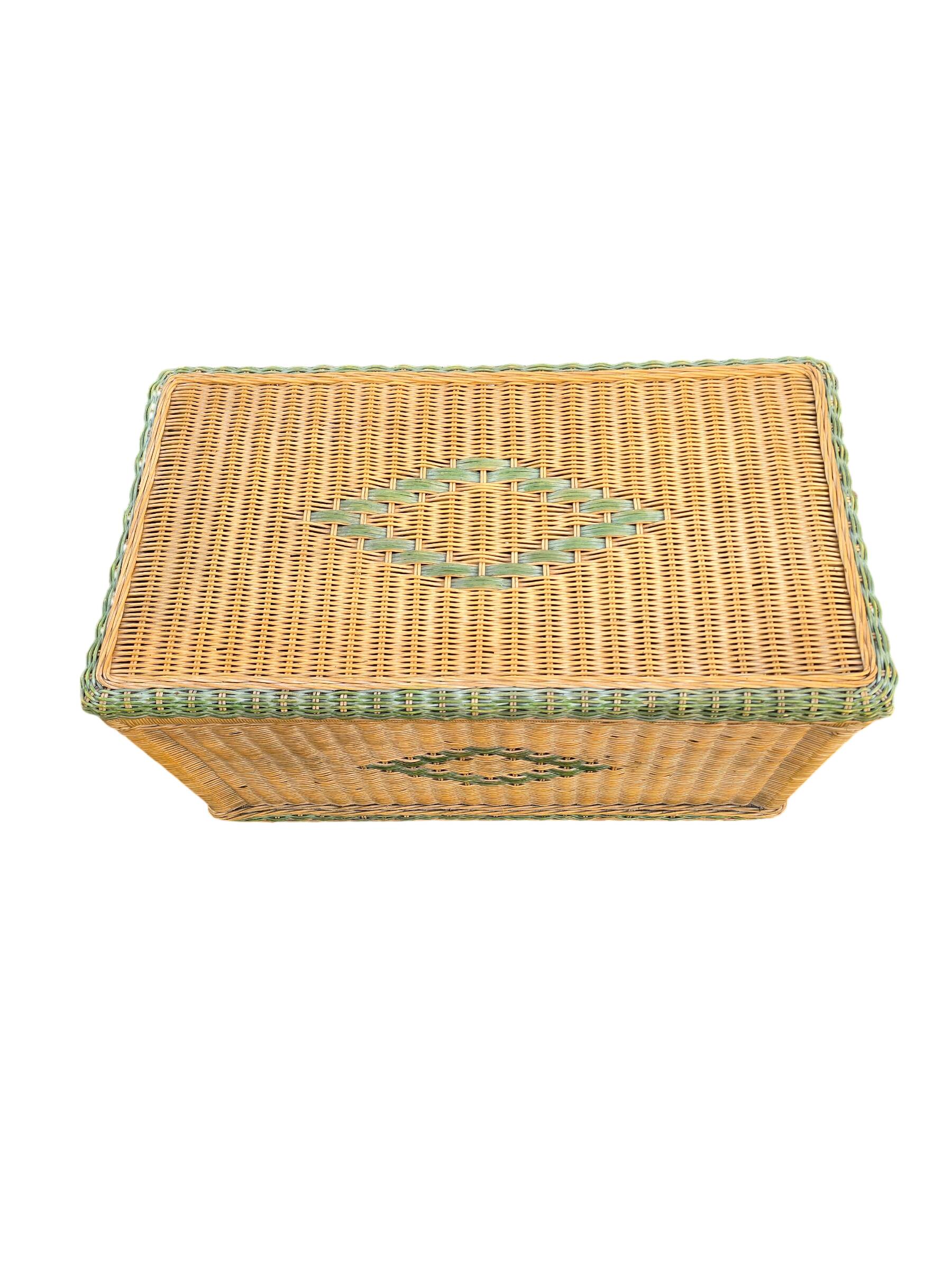 Large vintage wicker chest with green decoration.