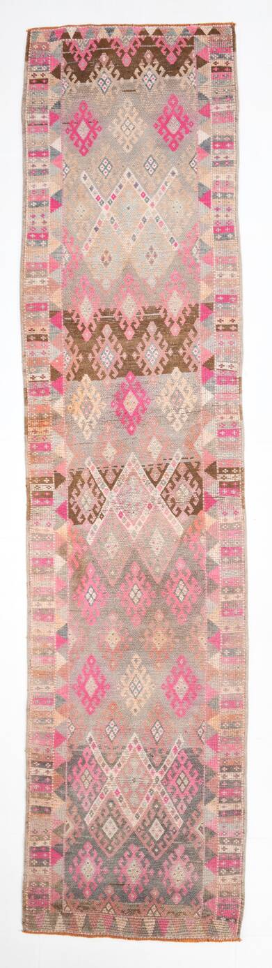 3x12 Pink & Brown Suğer Soft Modern Vintage Runner Rug, 92x376Cm