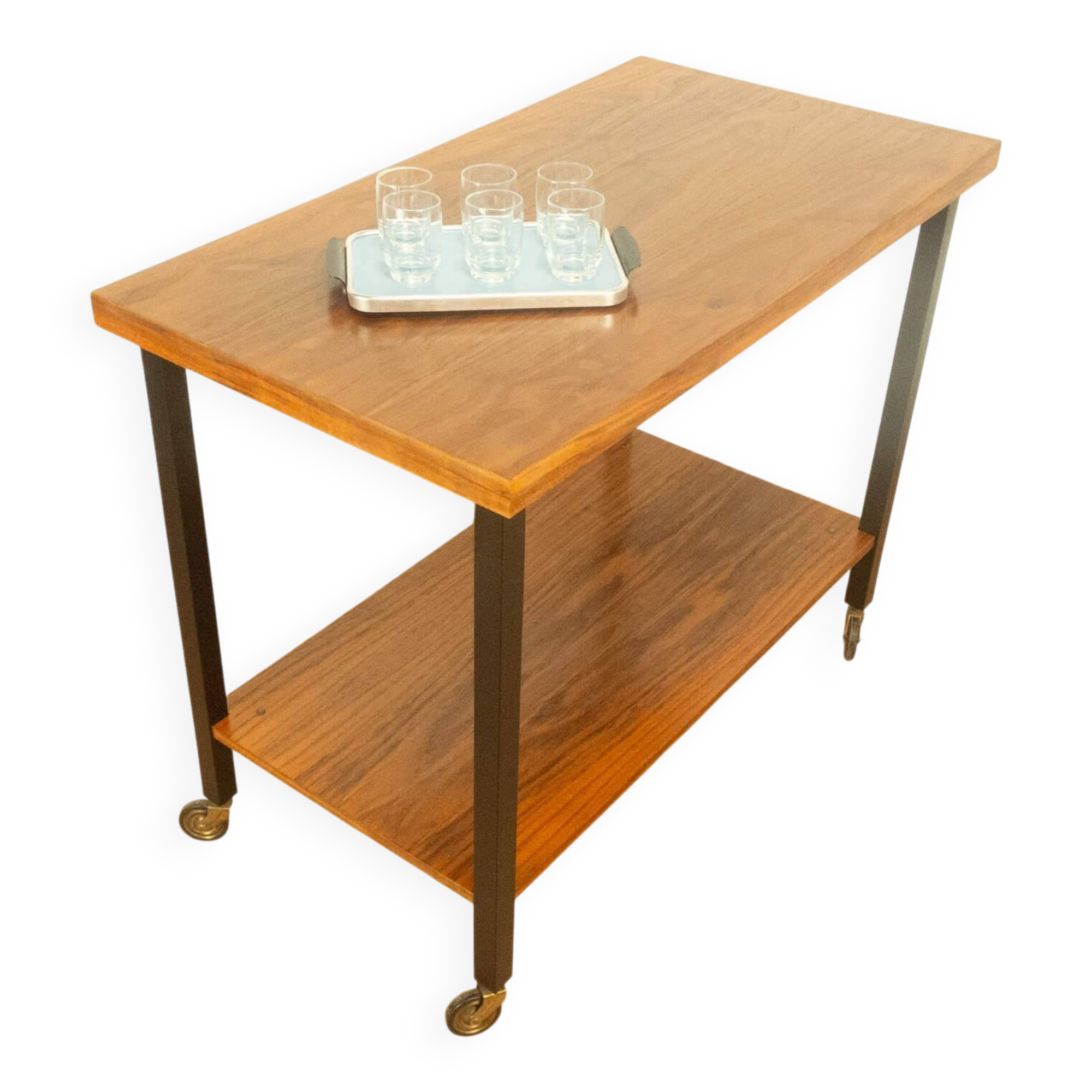Serving trolley, side table, walnut, metal frame on brass castors, 1960s