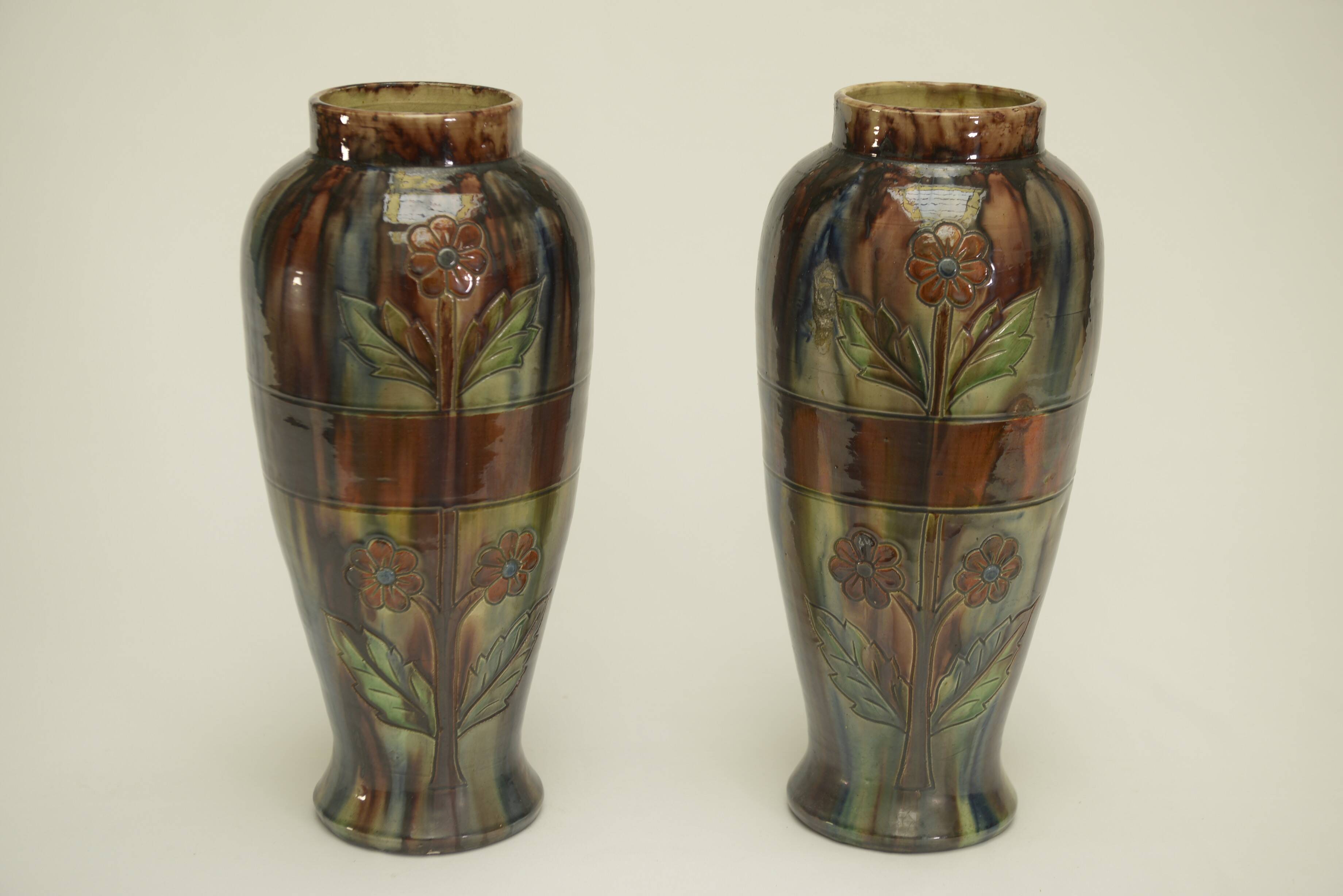 Pair of barbotine vases from the early 20th century stamped BELGIUM 158
