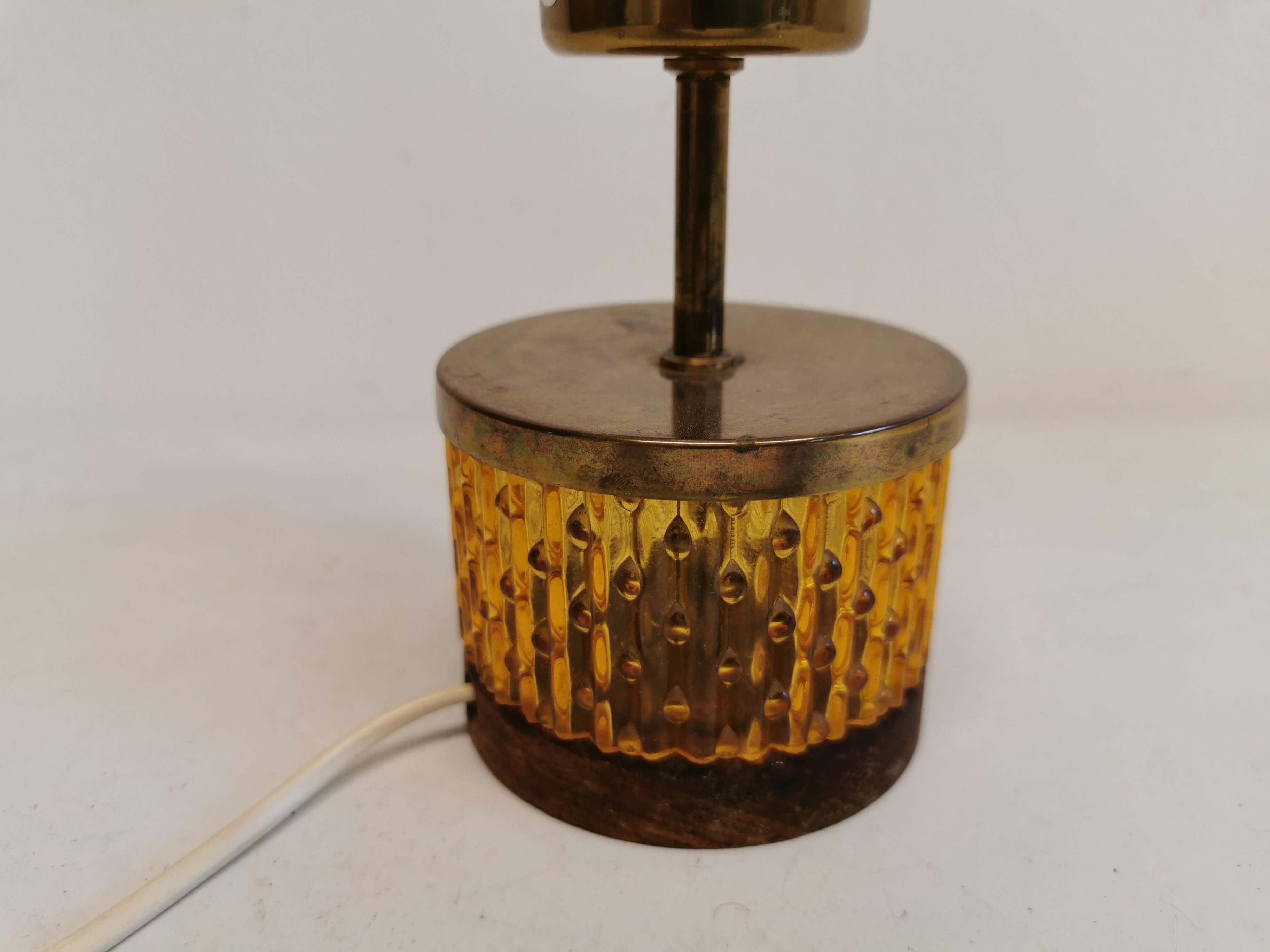 Swedish table lamp foot, made of wood, amber bubble glass and brass